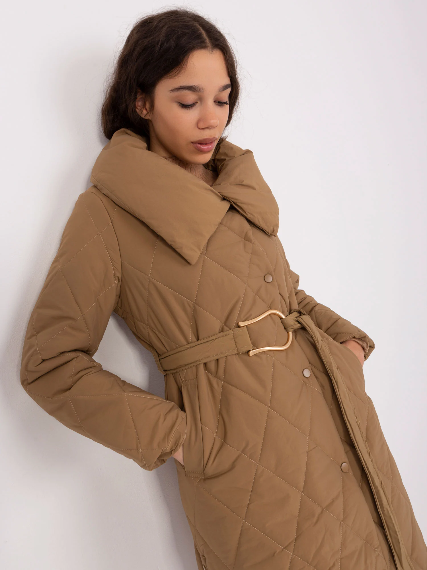 Jacheta Dama Maneca lunga, Guler inalt, Trendy. ING, Camel Casual - imagine 3