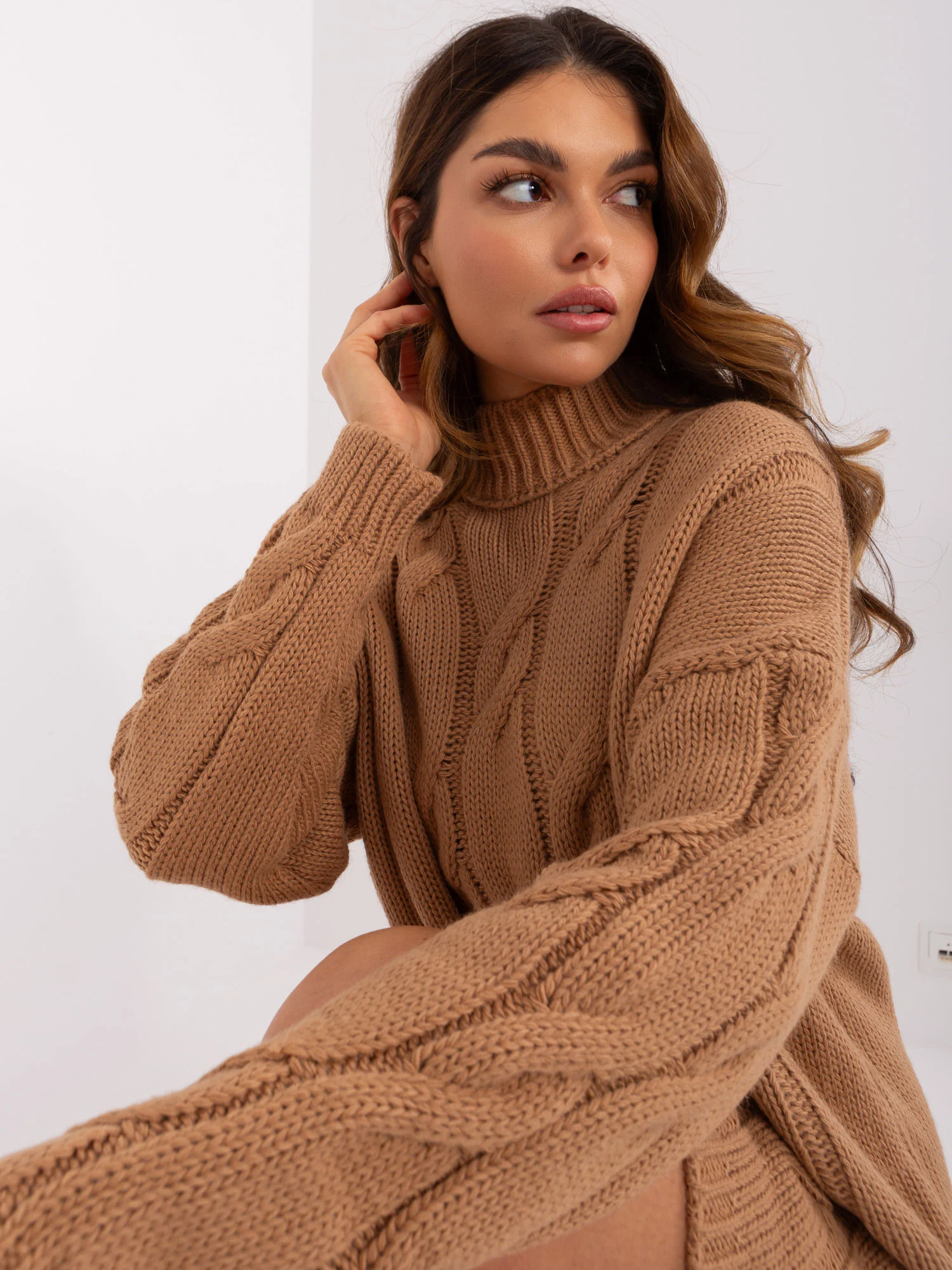 Rochie Dama Maneca lunga, Guler inalt, RUE PARIS, Camel Eleganta Office - Image 3