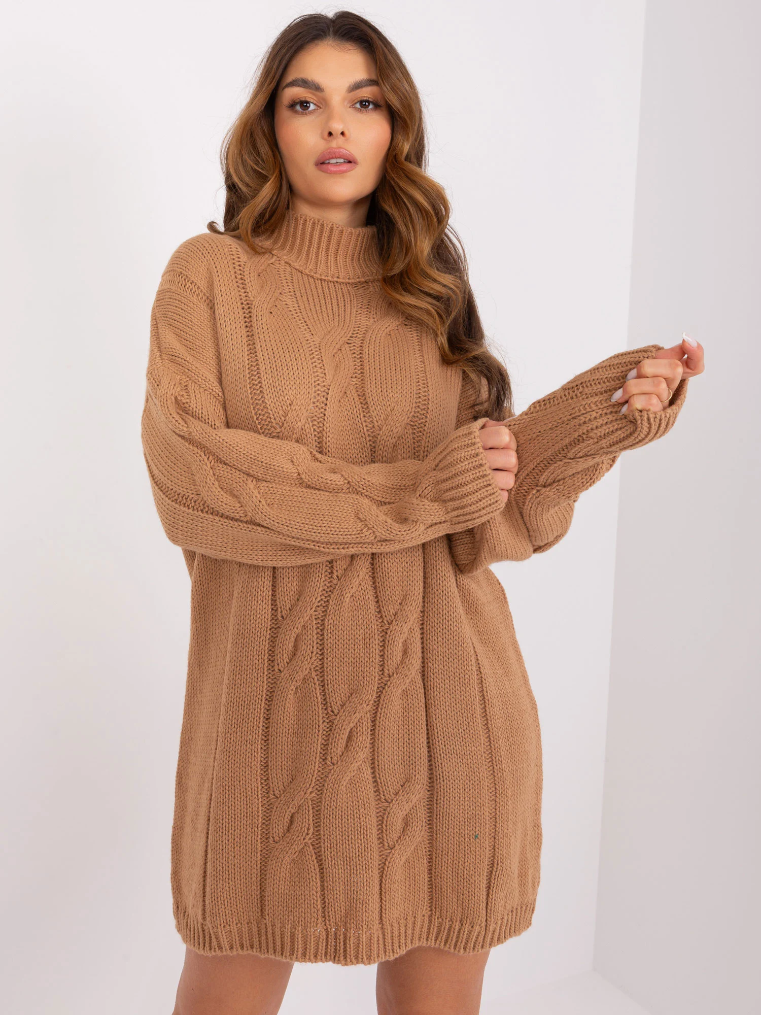 Rochie Dama Maneca lunga, Guler inalt, RUE PARIS, Camel Eleganta Office - Image 6