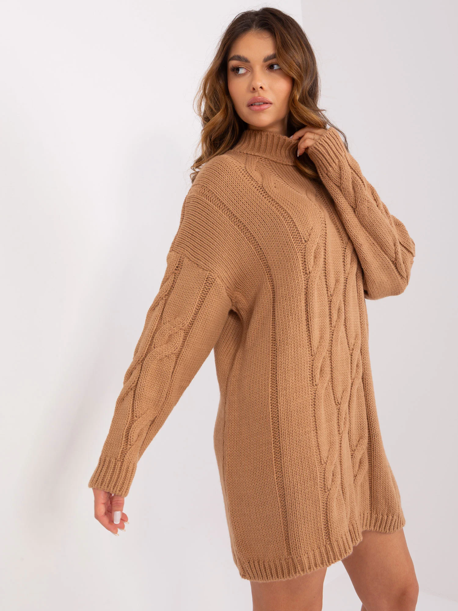 Rochie Dama Maneca lunga, Guler inalt, RUE PARIS, Camel Eleganta Office - Image 2