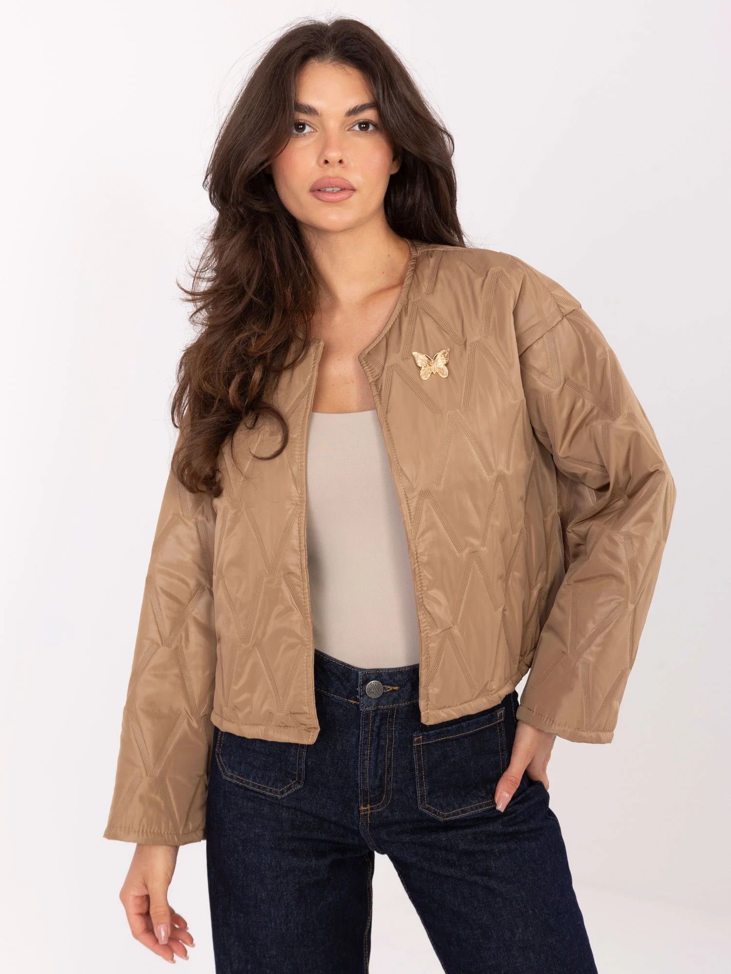 Jacheta Dama Elegant, Guler inalt, RUE PARIS, Camel Eleganta Office - imagine 3