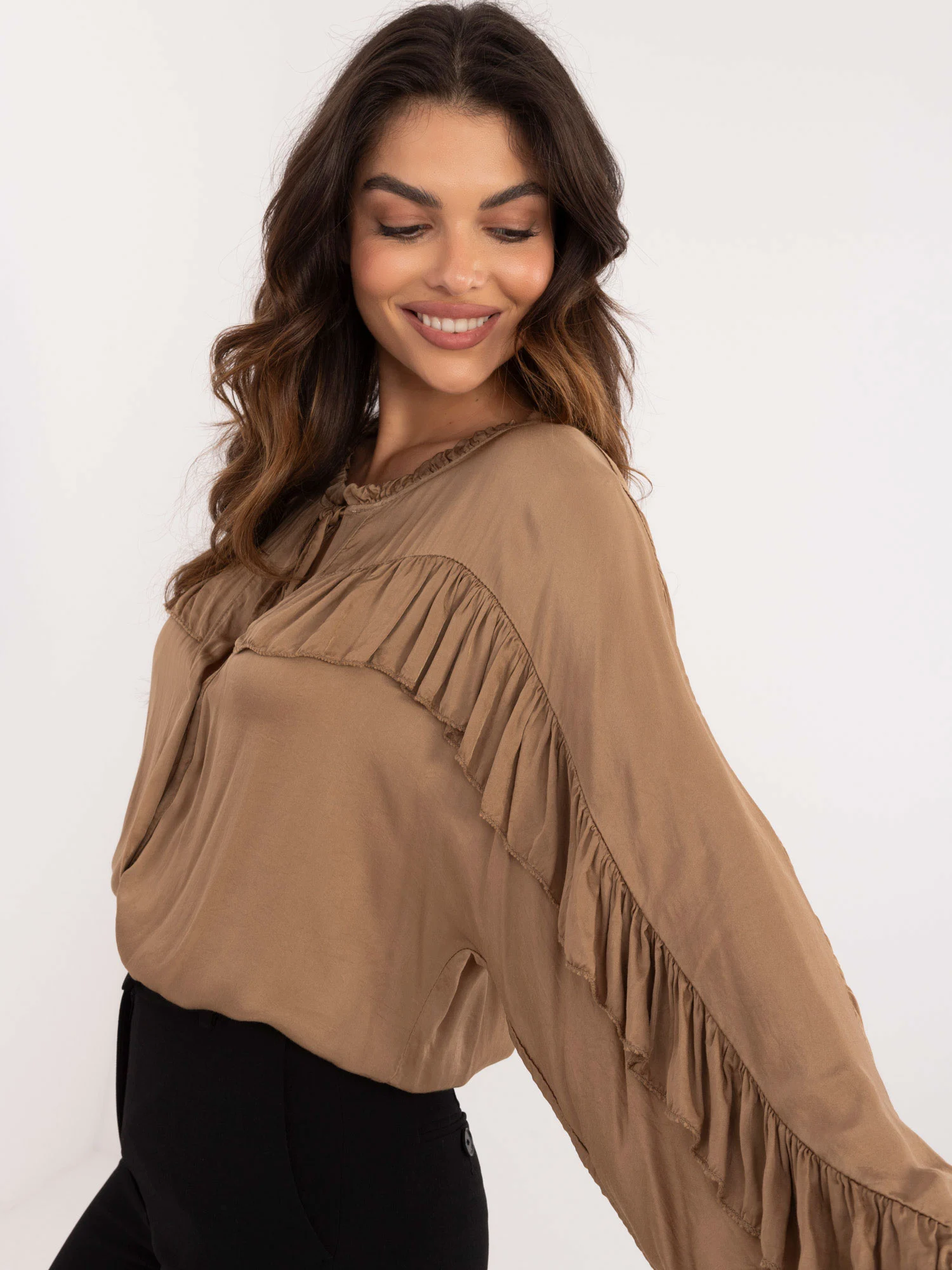 Camasa Dama Maneca lunga, Boho, Och Bella, Camel Eleganta Office - imagine 2