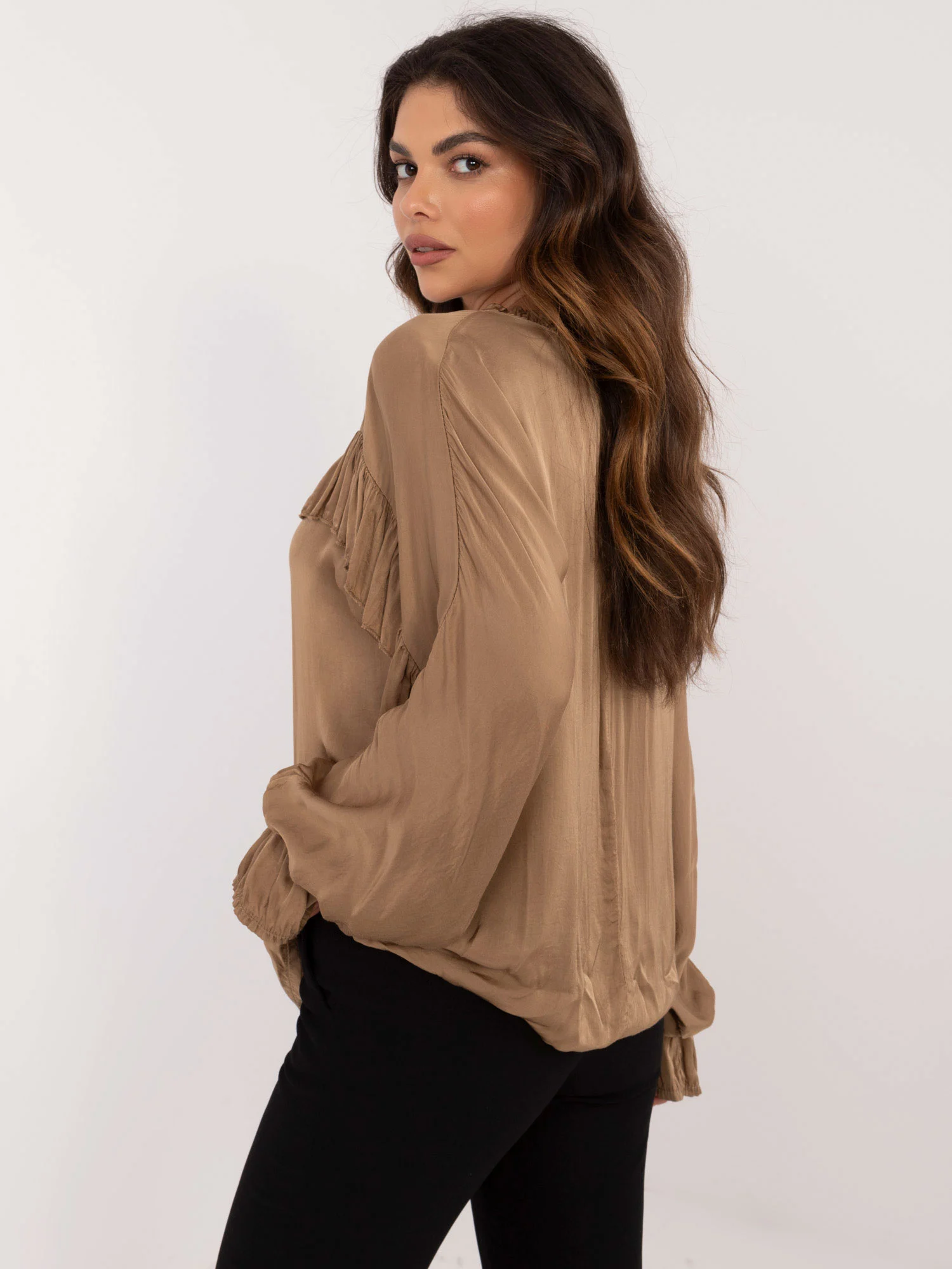 Camasa Dama Maneca lunga, Boho, Och Bella, Camel Eleganta Office - imagine 4