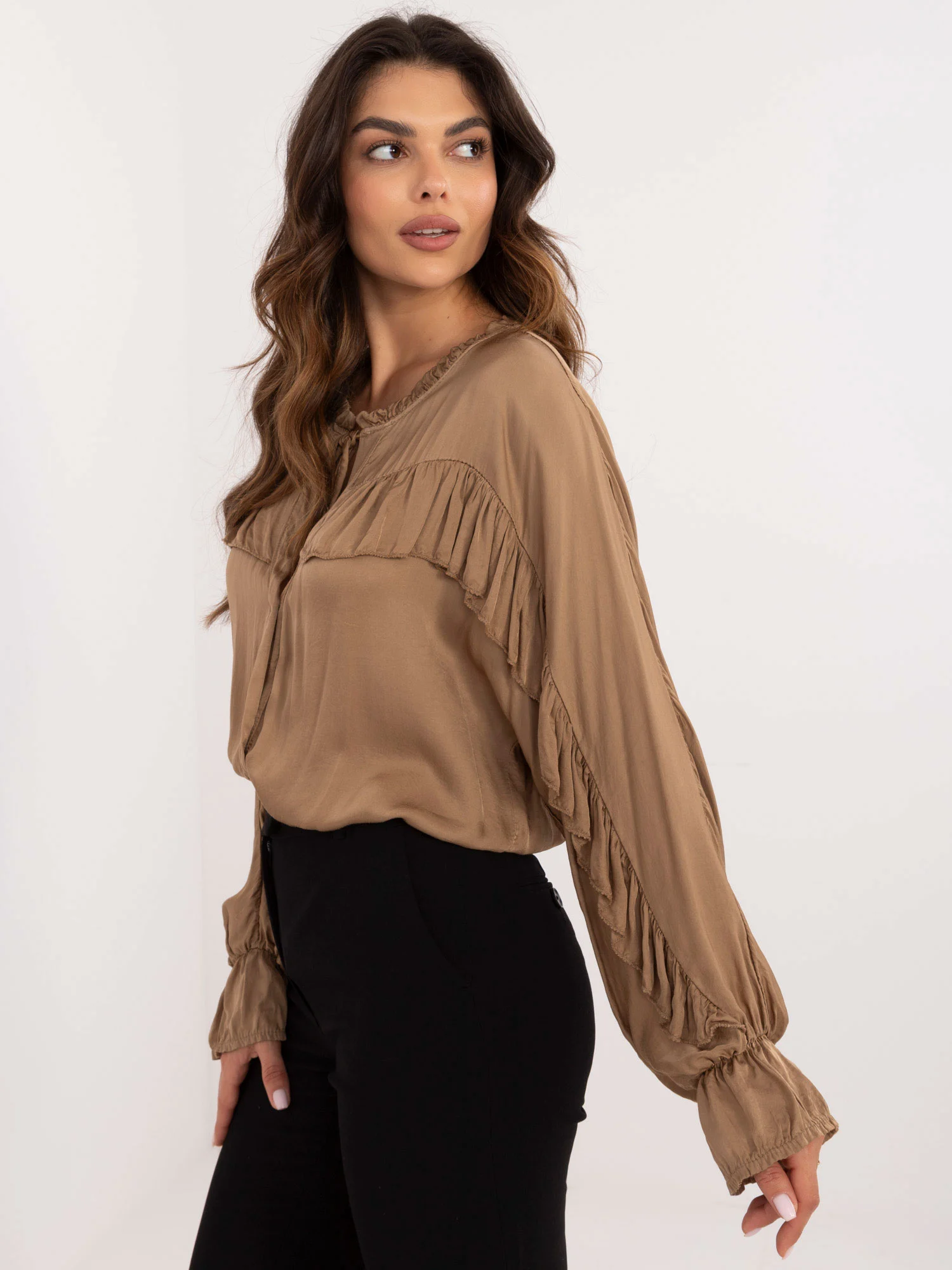 Camasa Dama Maneca lunga, Boho, Och Bella, Camel Eleganta Office - imagine 5
