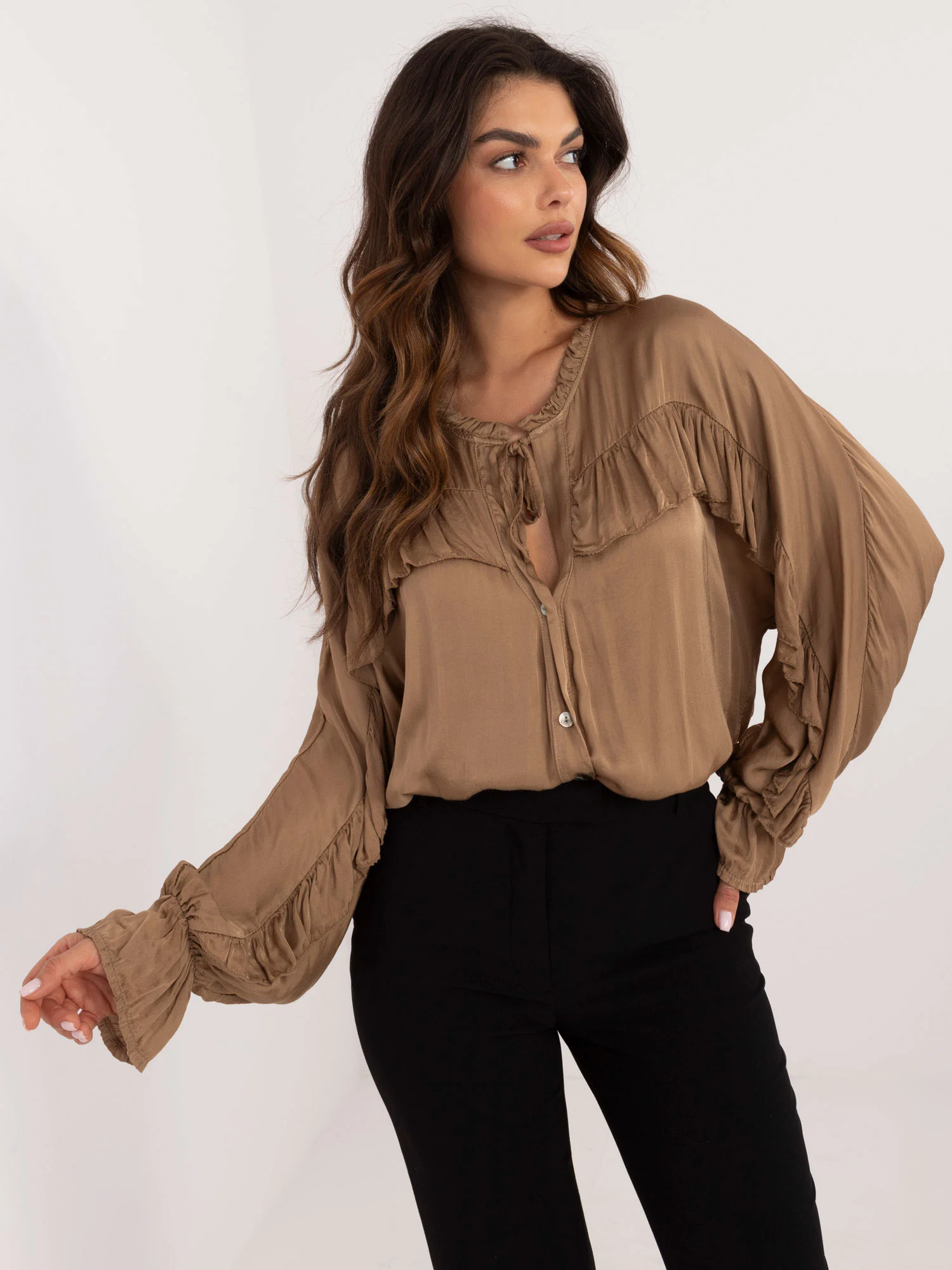 Camasa Dama Maneca lunga, Boho, Och Bella, Camel Eleganta Office - imagine 3