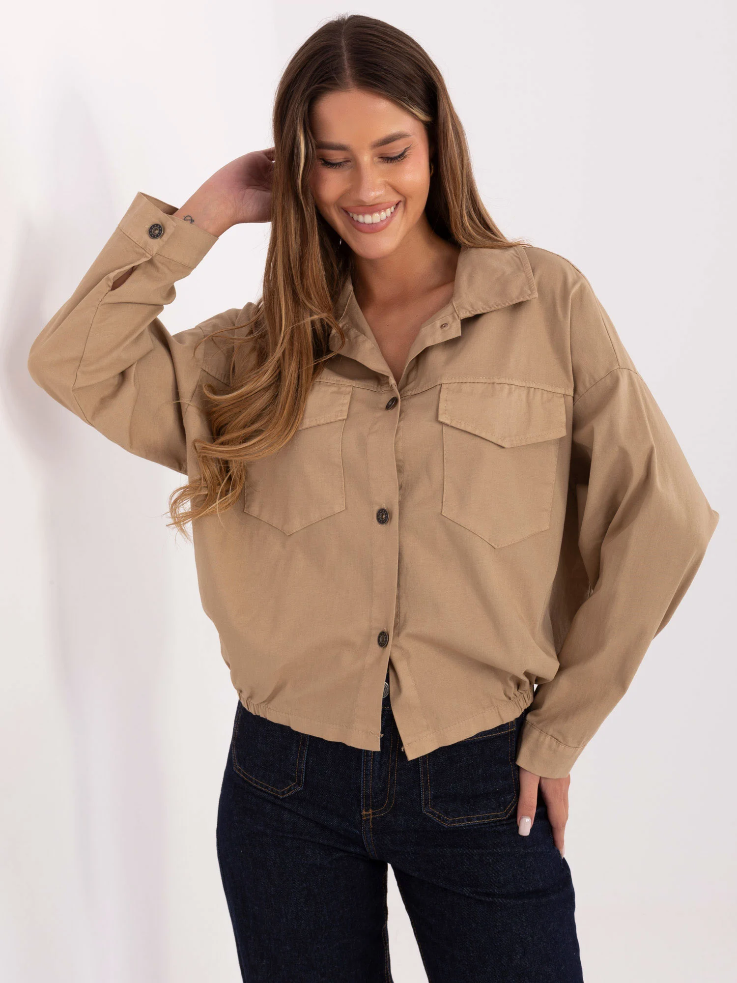 Camasa Dama Mini, Guler inalt, RUE PARIS, Camel Casual - imagine 2