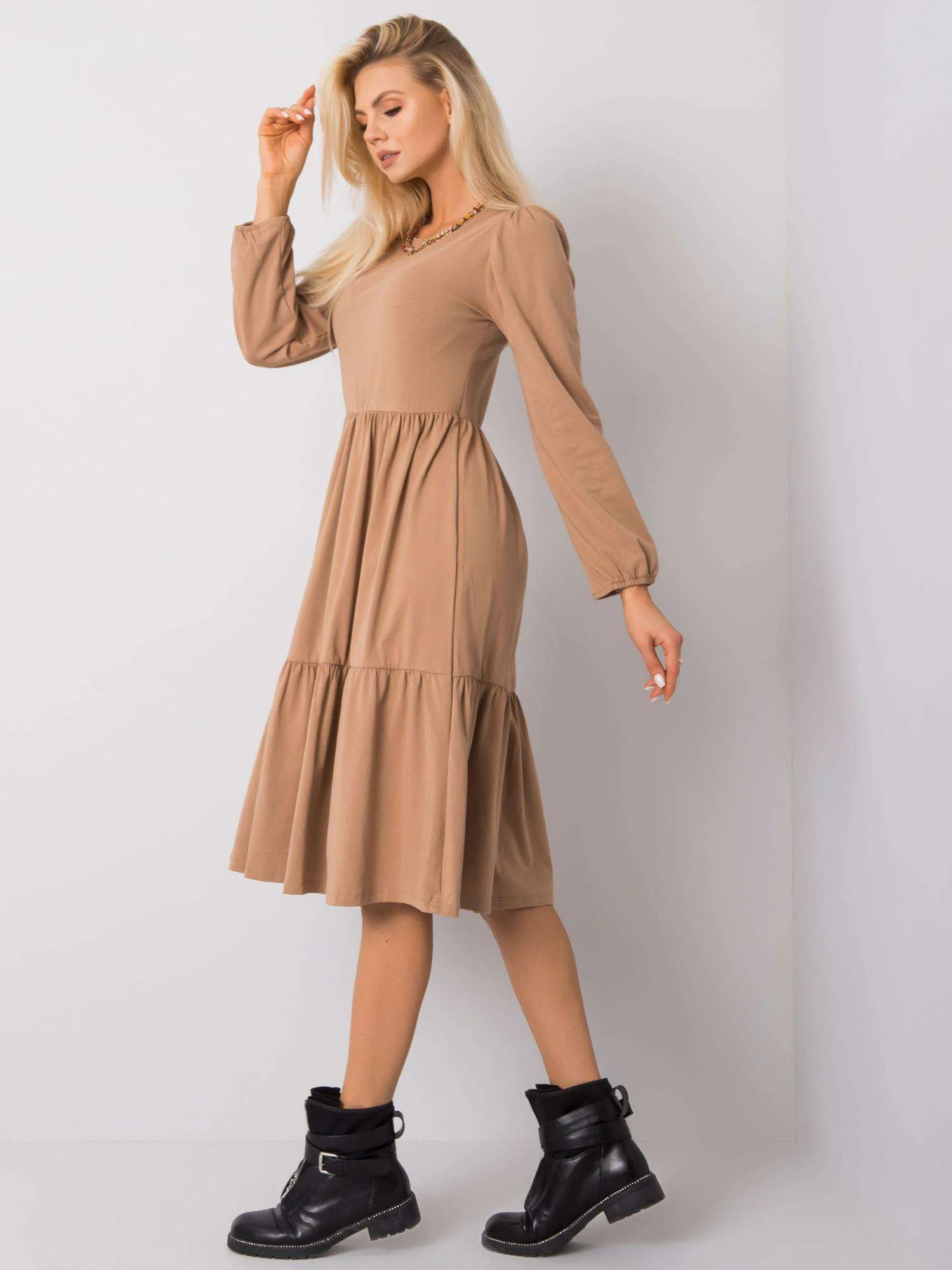 Rochie Dama Mini, Decolteu rotund, RUE PARIS, Camel Eleganta Office - imagine 2