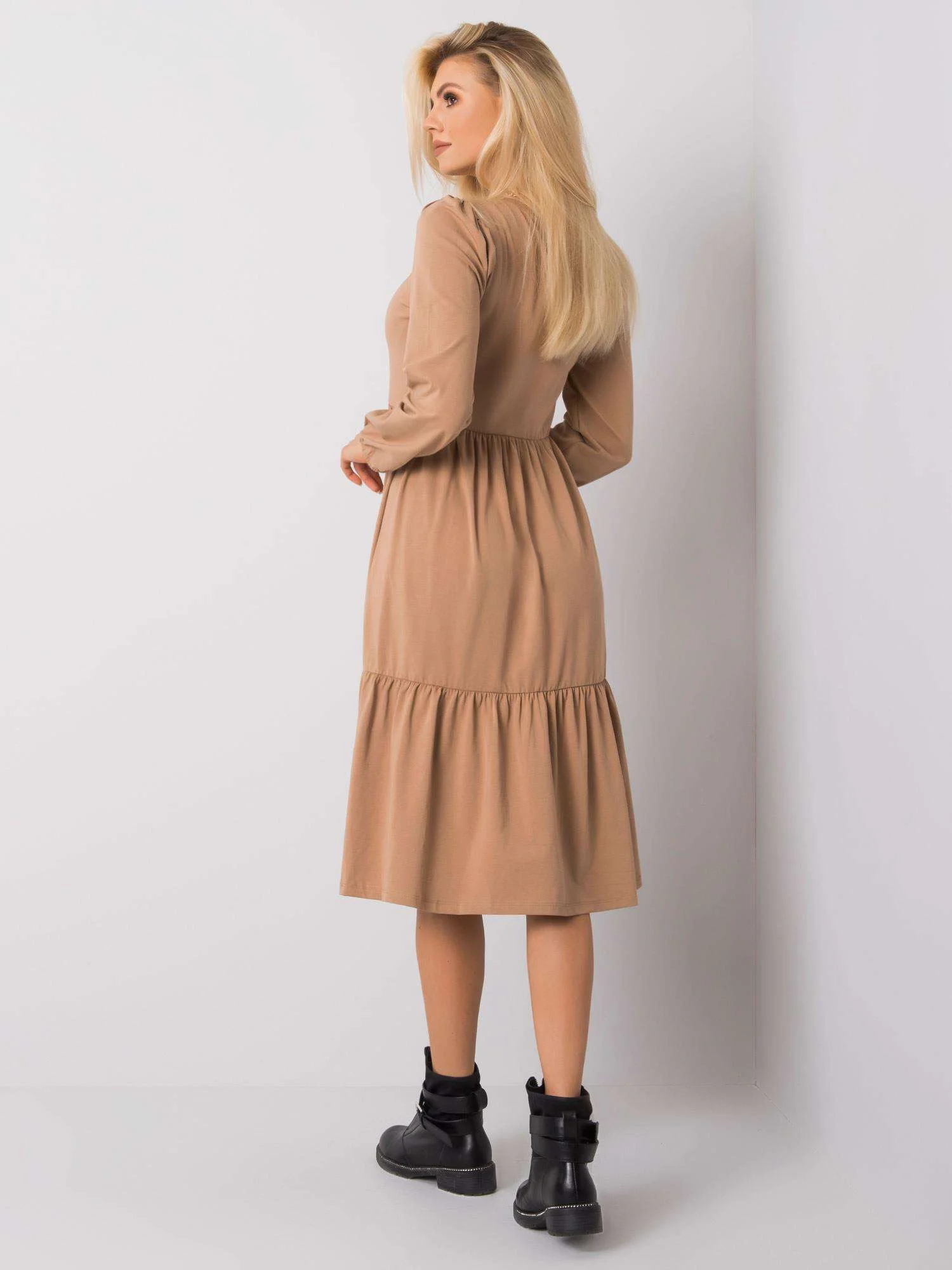 Rochie Dama Mini, Decolteu rotund, RUE PARIS, Camel Eleganta Office - imagine 3
