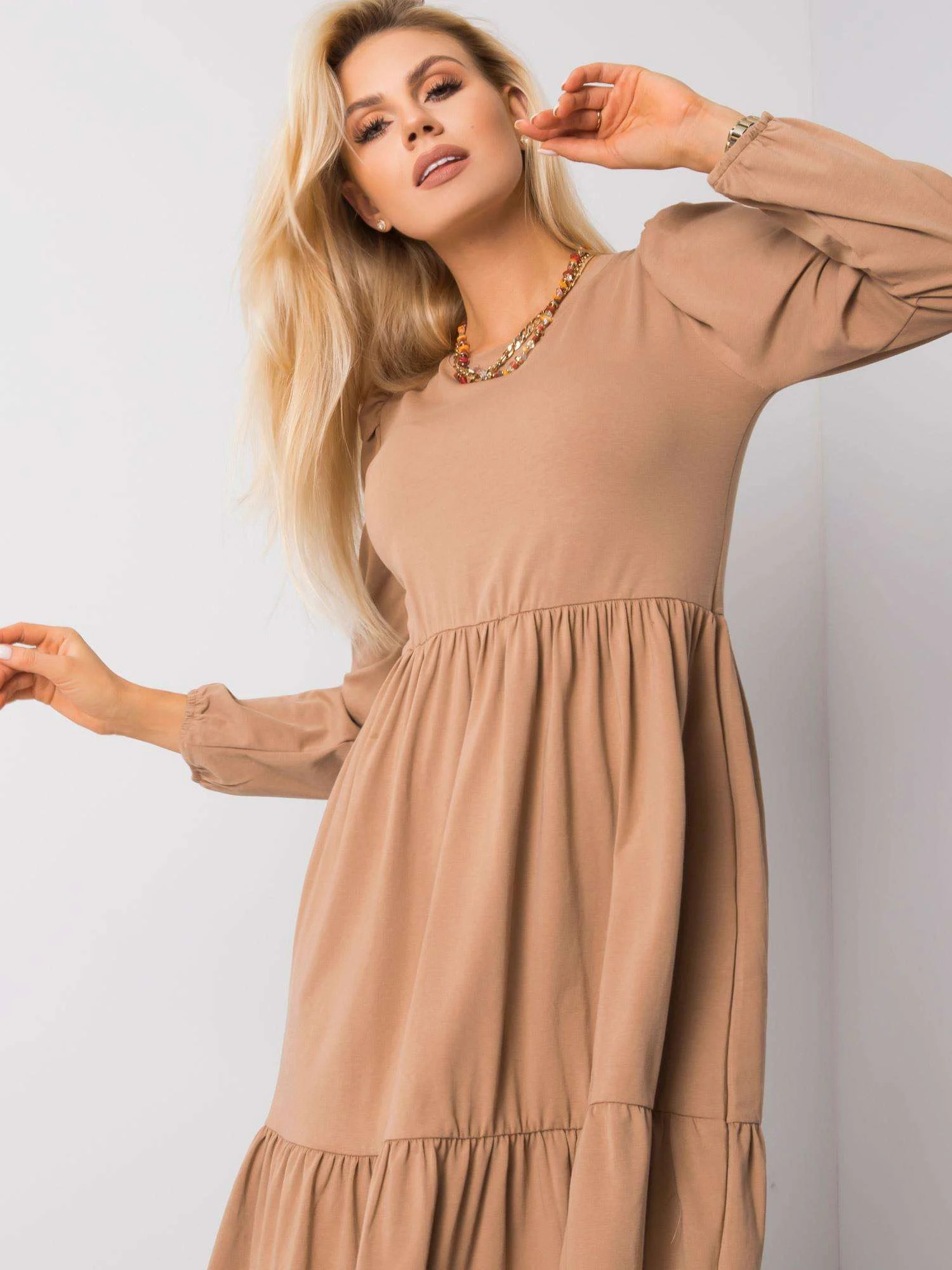 Rochie Dama Mini, Decolteu rotund, RUE PARIS, Camel Eleganta Office - imagine 4