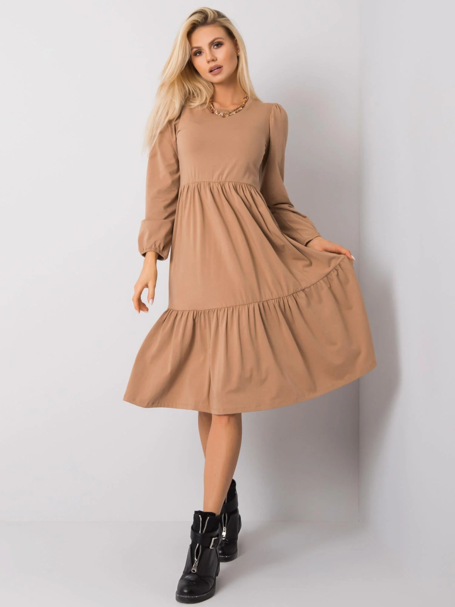 Rochie Dama Mini, Decolteu rotund, RUE PARIS, Camel Eleganta Office - imagine 5