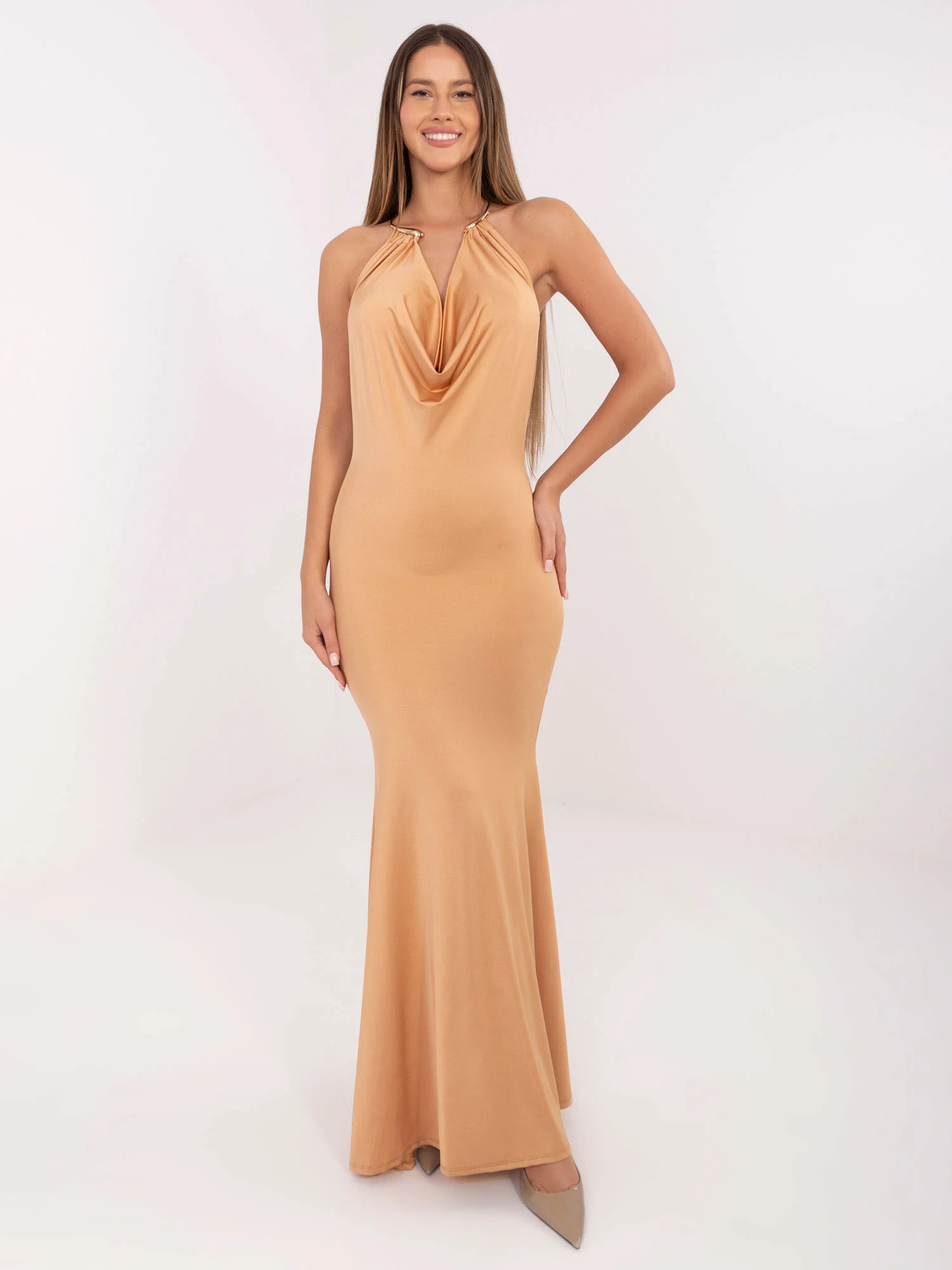 Rochie Dama Maxi, Alta croiala, ITALY MODA, Camel de Petrecere - Image 2