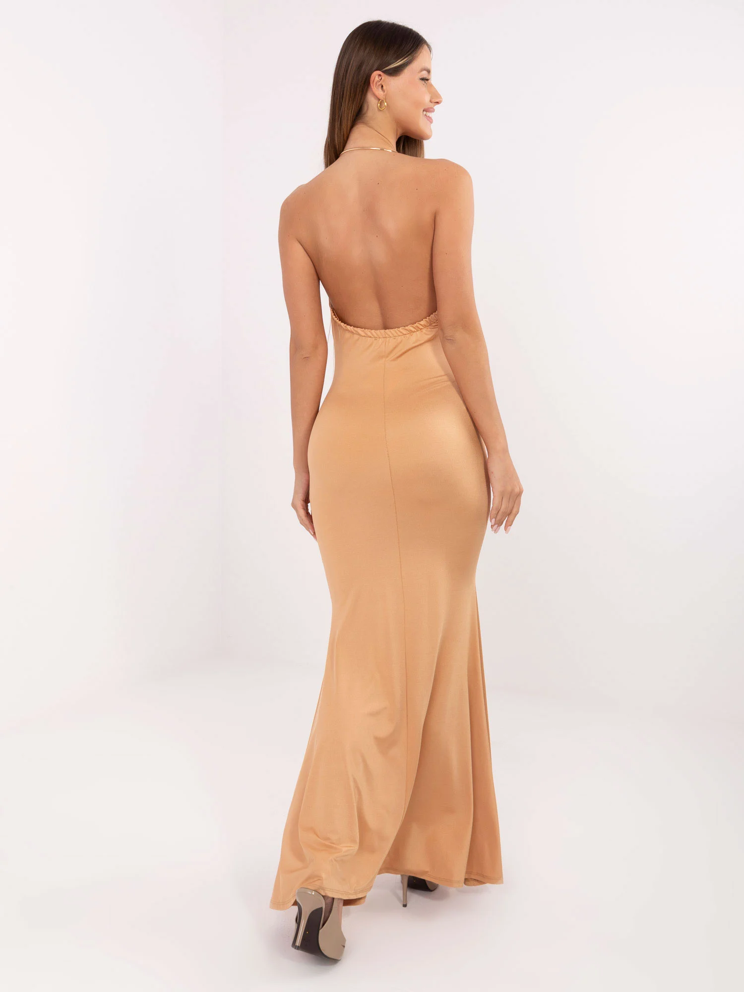 Rochie Dama Maxi, Alta croiala, ITALY MODA, Camel de Petrecere - Image 5