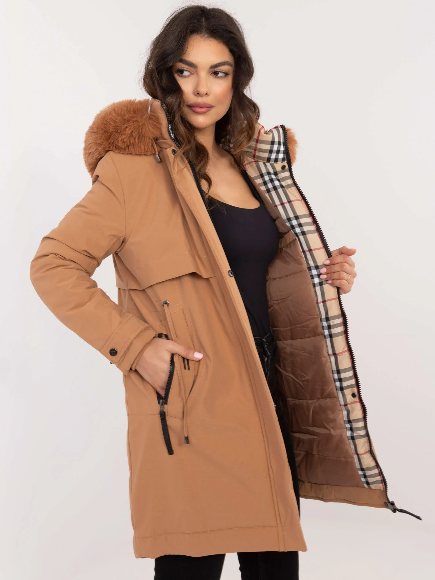 Jacheta Dama Deasupra genunchiului, Maneci bufante, SKORP, Camel Casual Marimi Mari - imagine 4