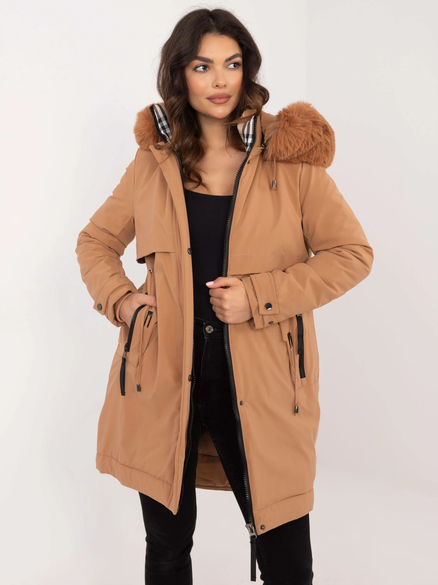 Jacheta Dama Deasupra genunchiului, Maneci bufante, SKORP, Camel Casual Marimi Mari - imagine 3
