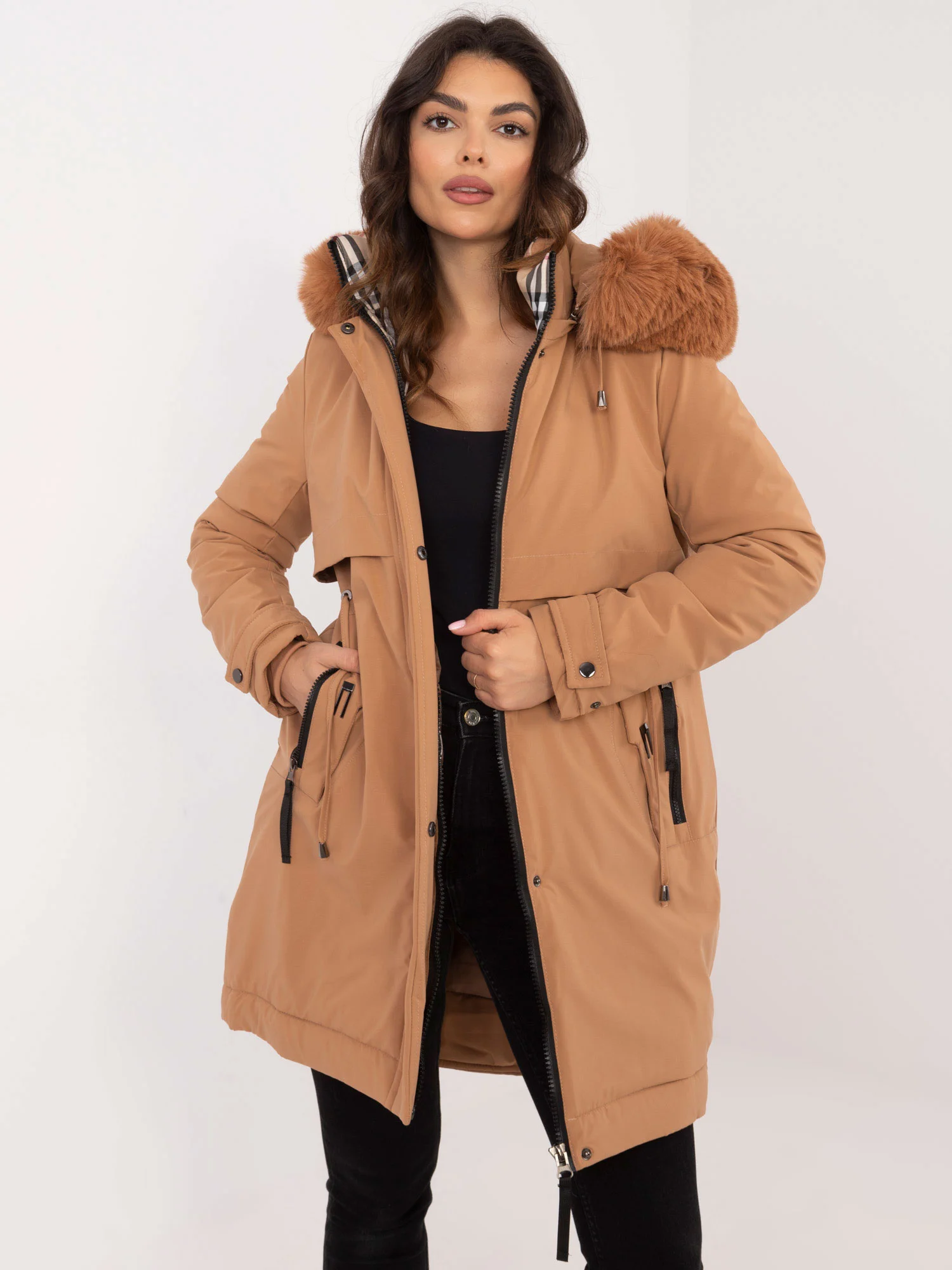Jacheta Dama Deasupra genunchiului, Maneci bufante, SKORP, Camel Casual Marimi Mari - imagine 2