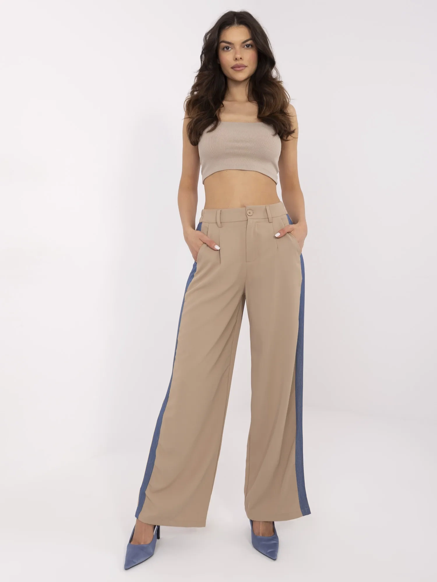 Pantaloni Dama Larga, Guler inalt, Vinceotto, Camel Casual - imagine 3