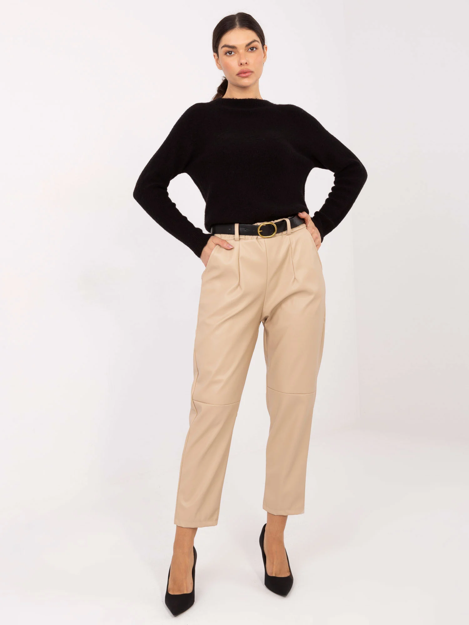 Pantaloni Dama Conica, Guler inalt, RUE PARIS, Camel Eleganta Office - imagine 4