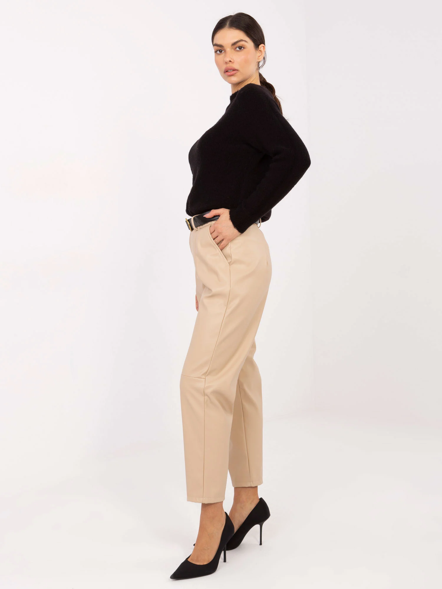 Pantaloni Dama Conica, Guler inalt, RUE PARIS, Camel Eleganta Office - imagine 5