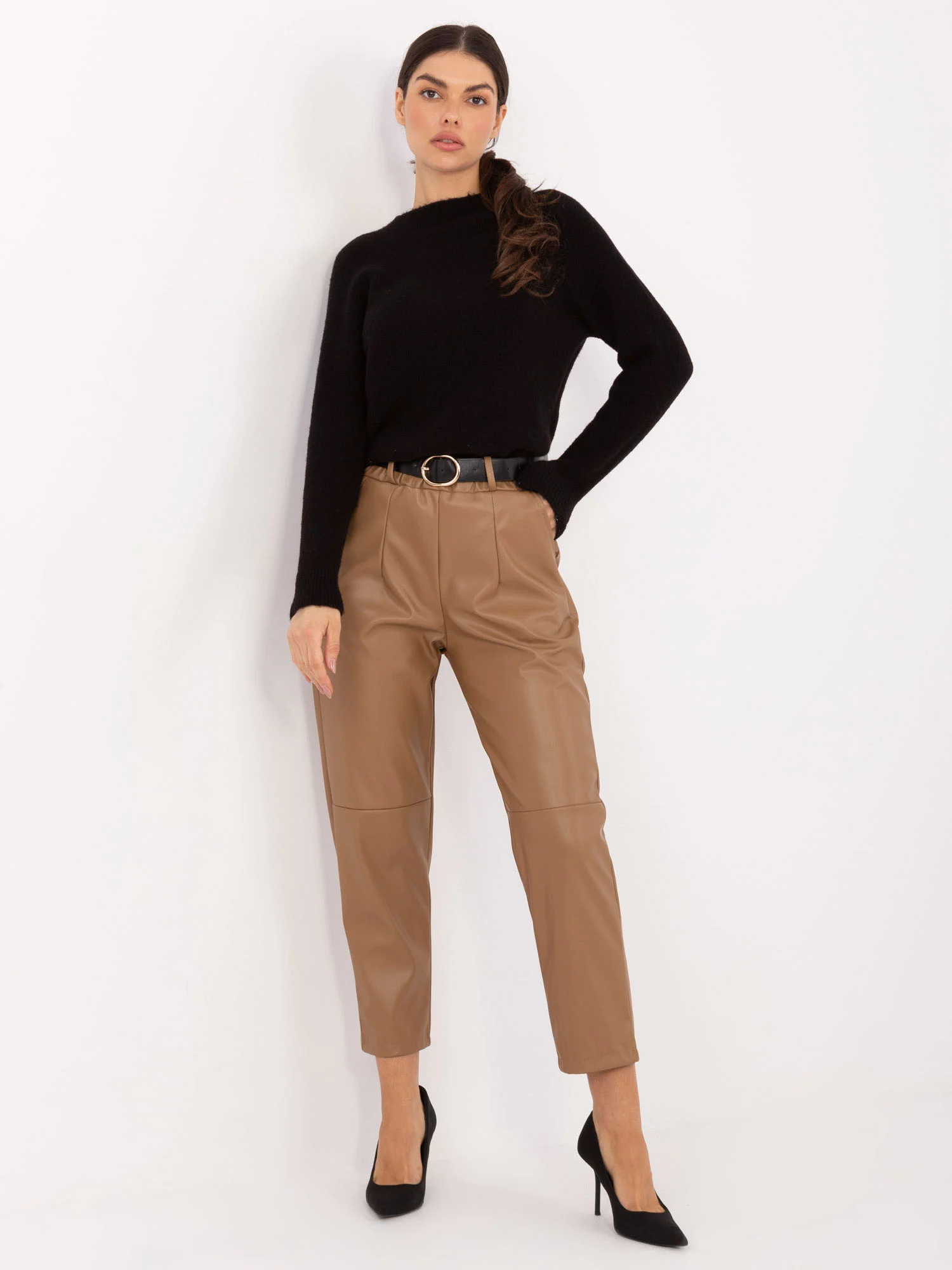 Pantaloni Dama Conica, Guler inalt, RUE PARIS, Camel Eleganta Office - Image 4