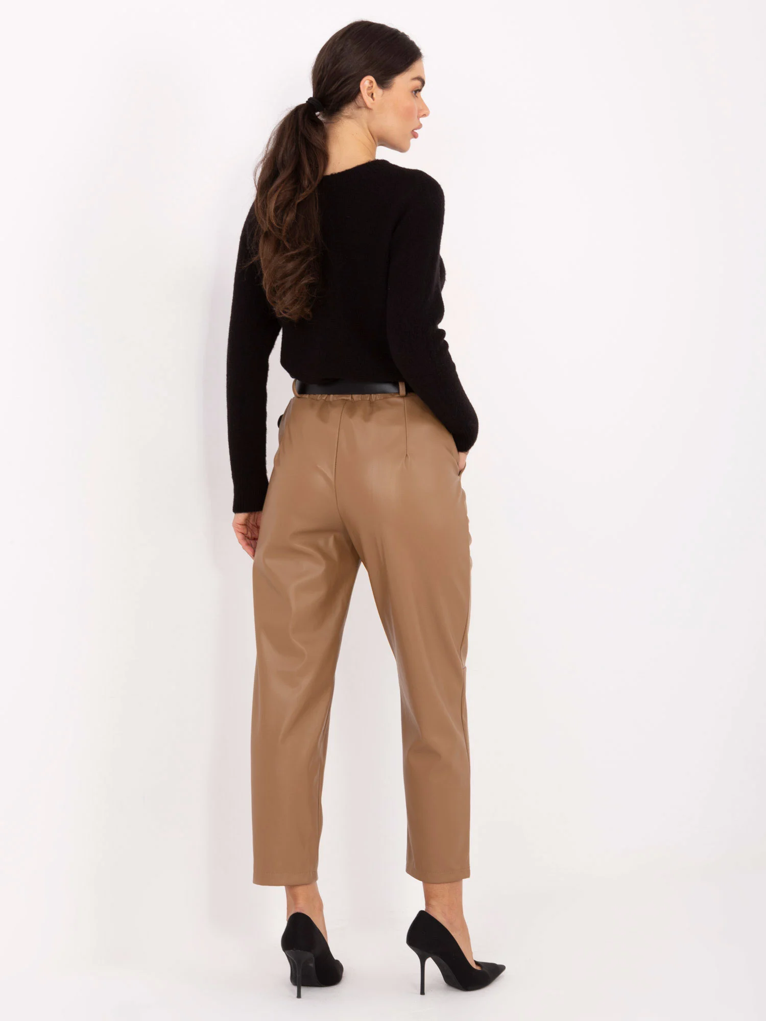 Pantaloni Dama Conica, Guler inalt, RUE PARIS, Camel Eleganta Office - Image 3