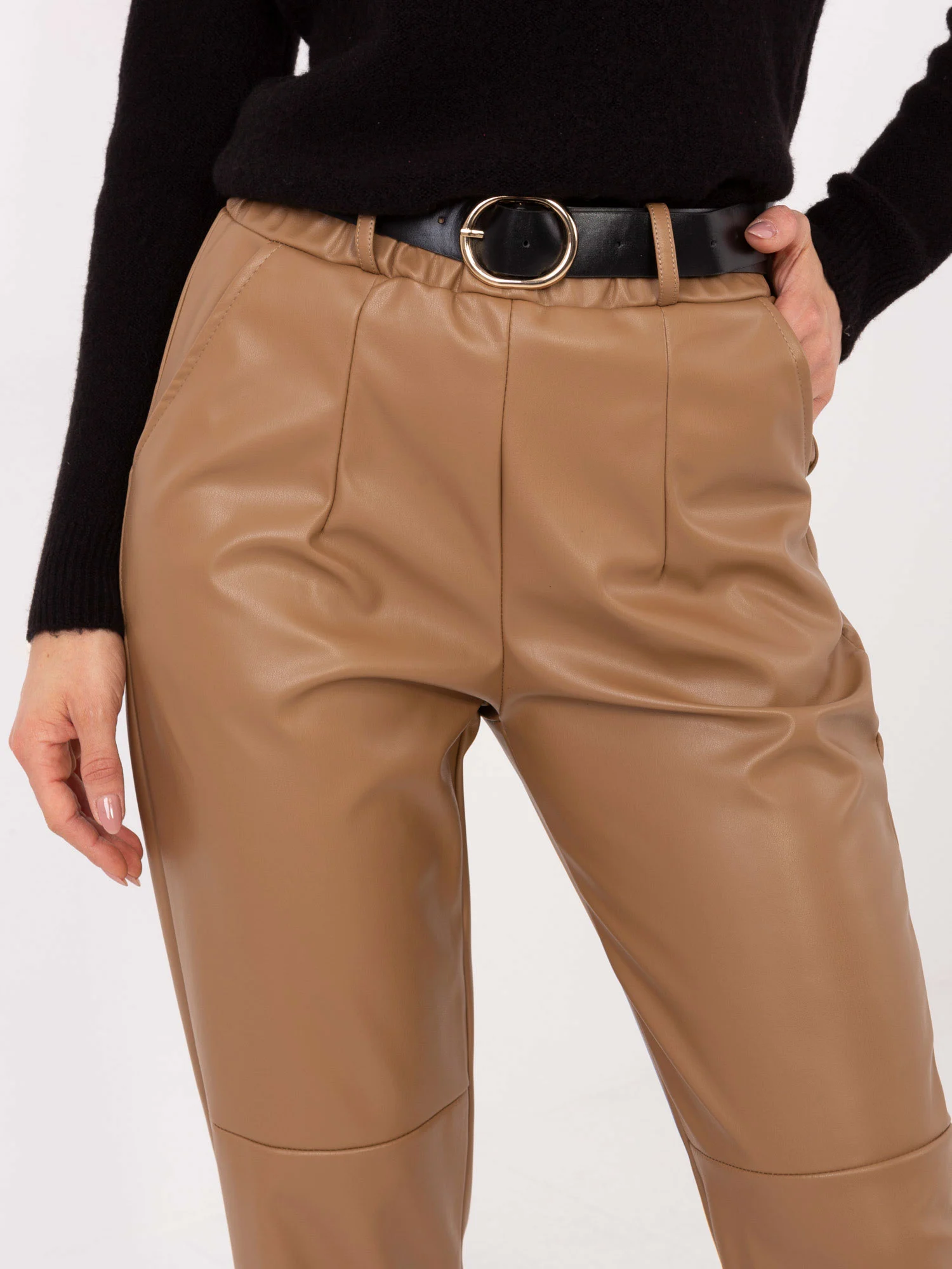 Pantaloni Dama Conica, Guler inalt, RUE PARIS, Camel Eleganta Office - Image 2