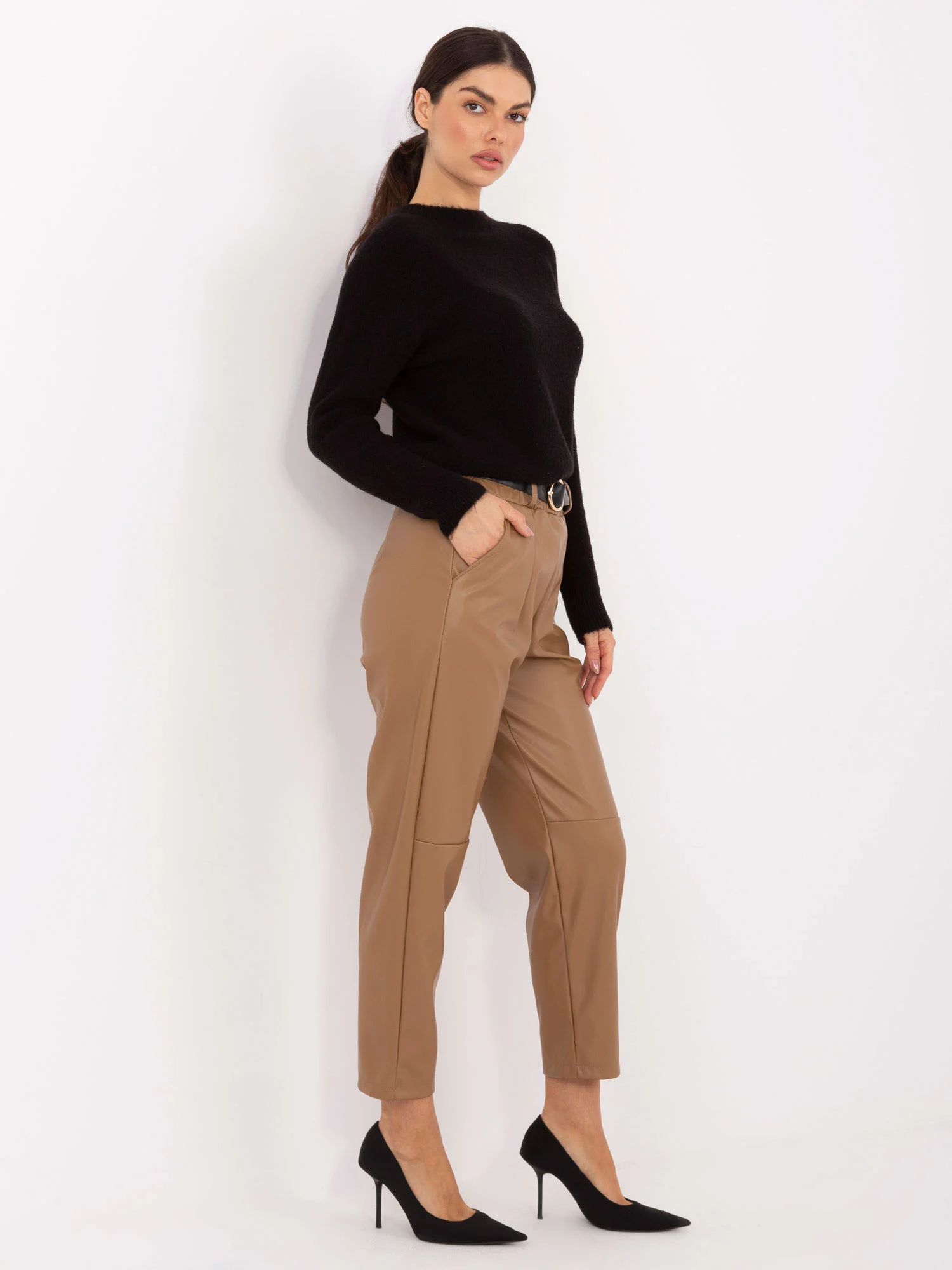 Pantaloni Dama Conica, Guler inalt, RUE PARIS, Camel Eleganta Office - Image 5