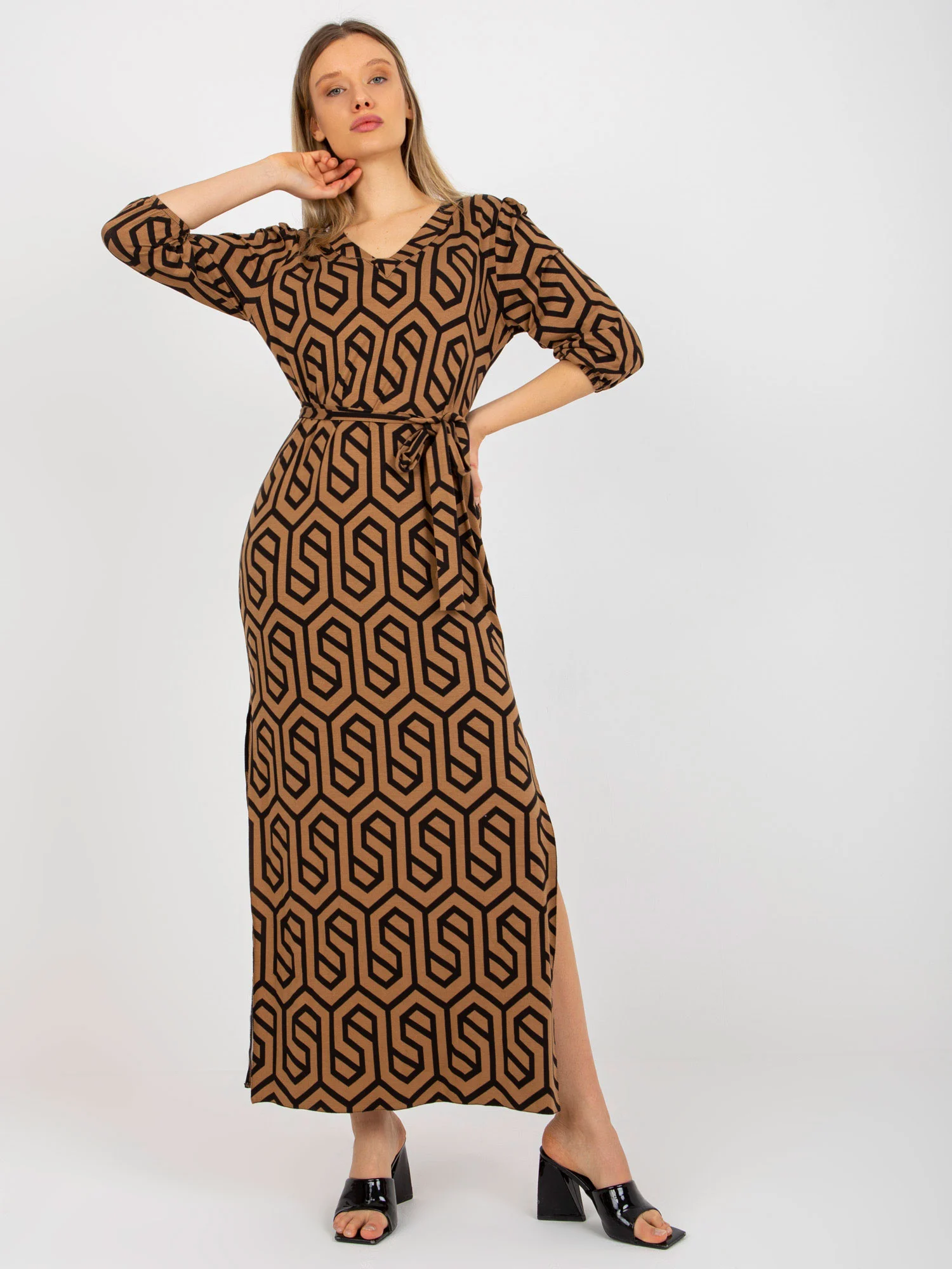 Rochie Dama Maxi, Geometric, LAKERTA, Camel de Petrecere - Image 2