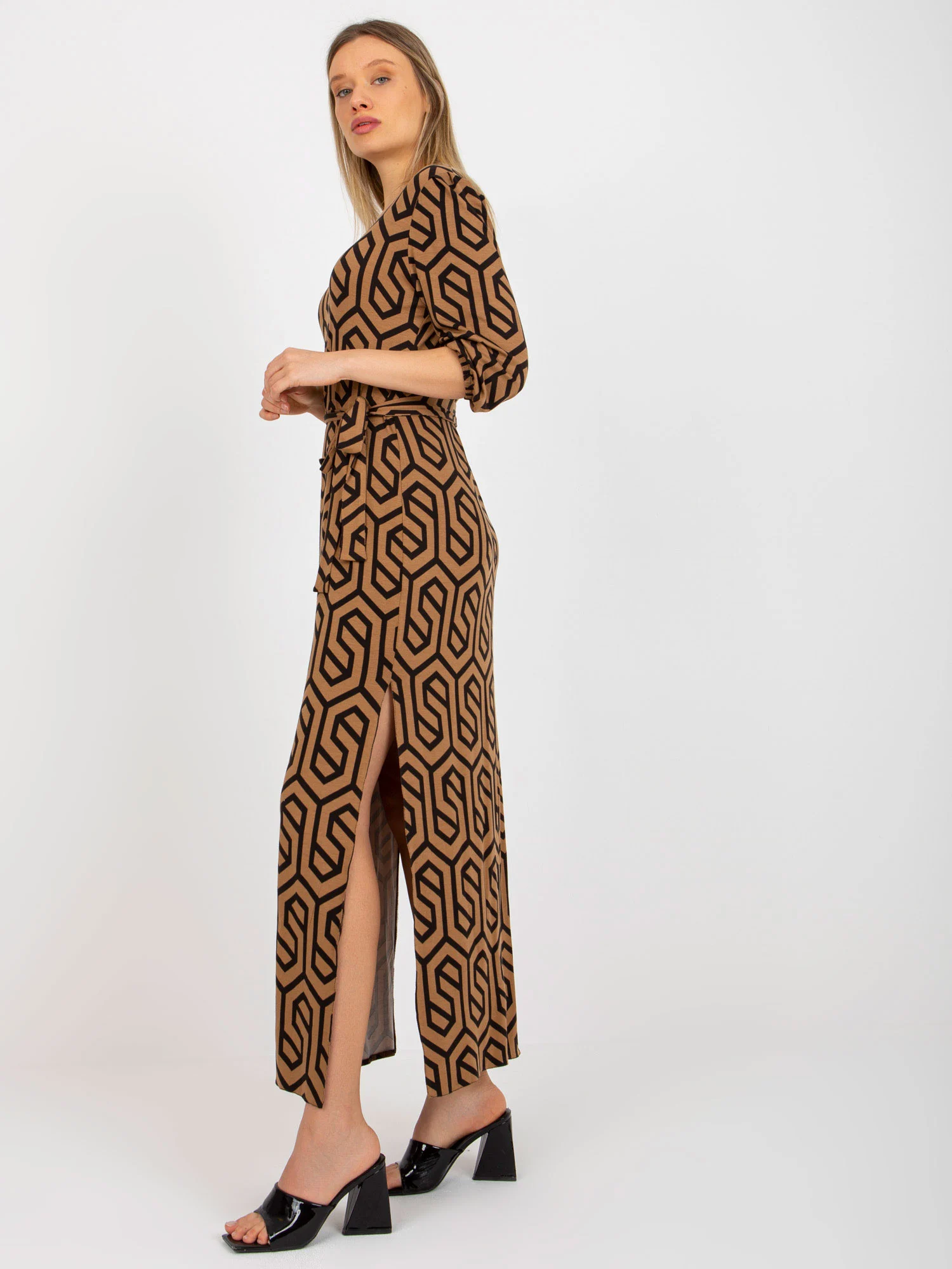 Rochie Dama Maxi, Geometric, LAKERTA, Camel de Petrecere - Image 3