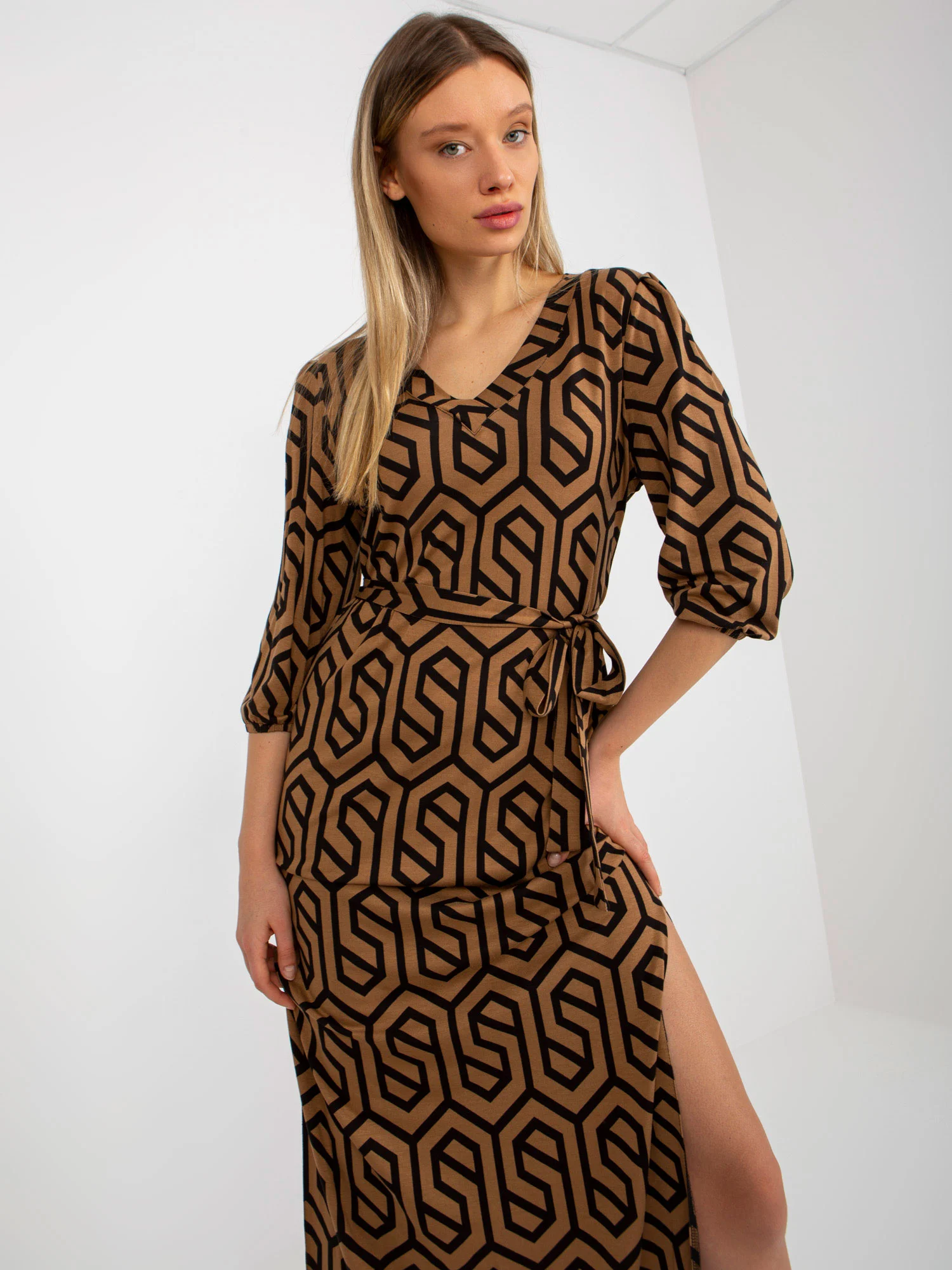 Rochie Dama Maxi, Geometric, LAKERTA, Camel de Petrecere - Image 6