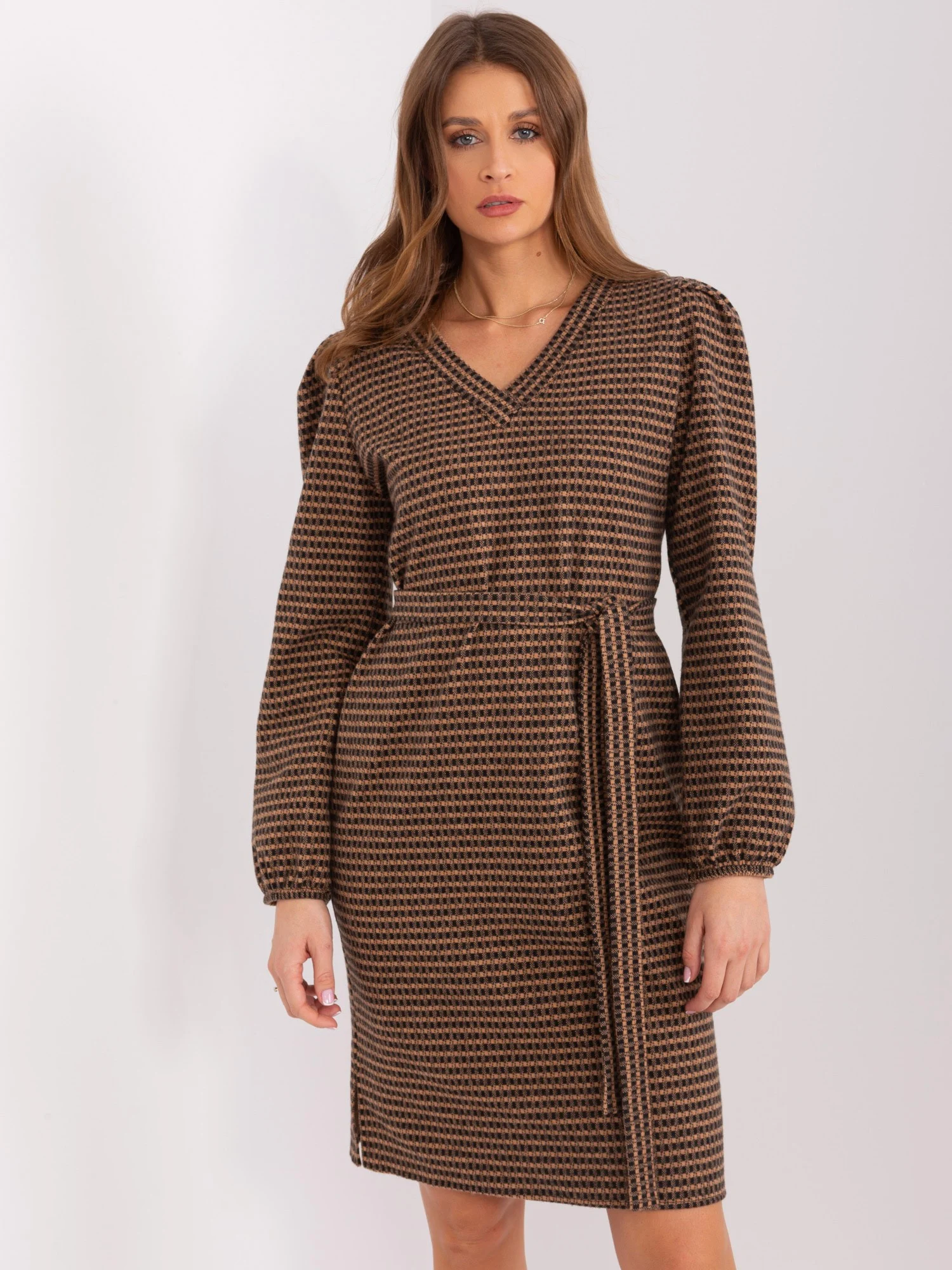 Rochie Dama Maxi, Geometric, LAKERTA, Camel Eleganta Office - Image 2