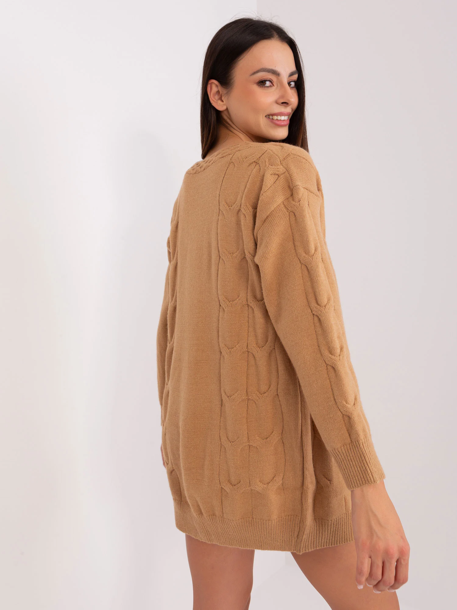 Pulover Dama Maneca lunga, Decolteu in V, Wool Fashion Italia, Camel Casual - imagine 5