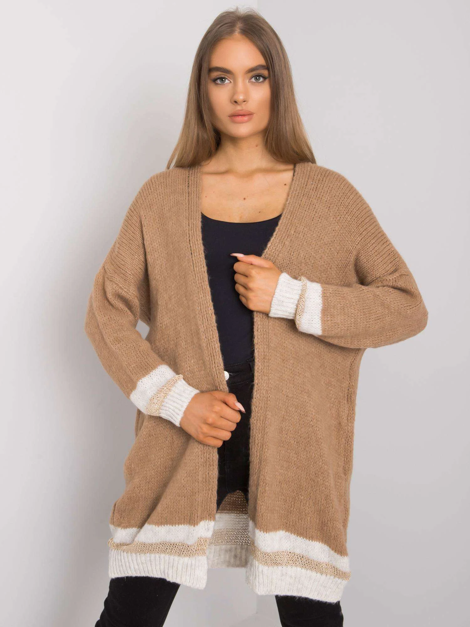 Cardigan Dama Maneca lunga, Decolteu alt tip de decolteu, Och Bella, Camel Eleganta Office - imagine 3