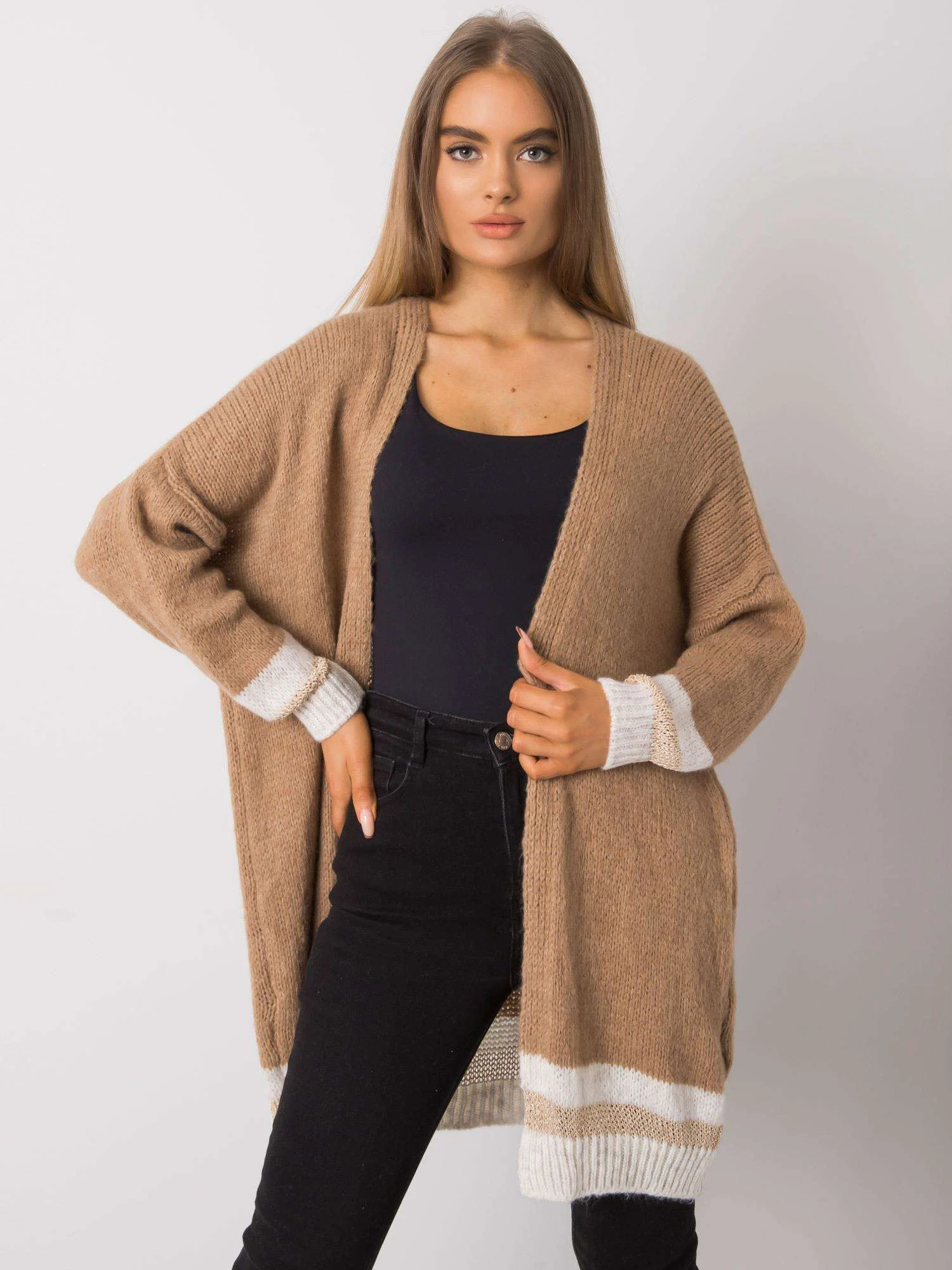 Cardigan Dama Maneca lunga, Decolteu alt tip de decolteu, Och Bella, Camel Eleganta Office - imagine 2
