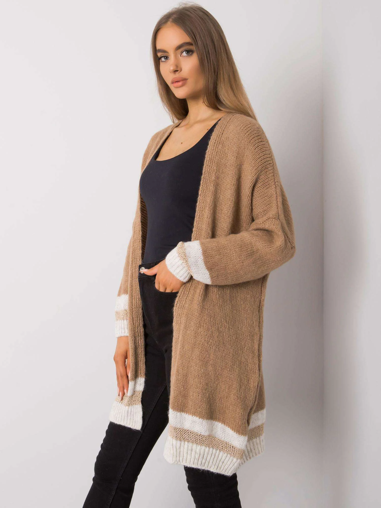 Cardigan Dama Maneca lunga, Decolteu alt tip de decolteu, Och Bella, Camel Eleganta Office - imagine 5