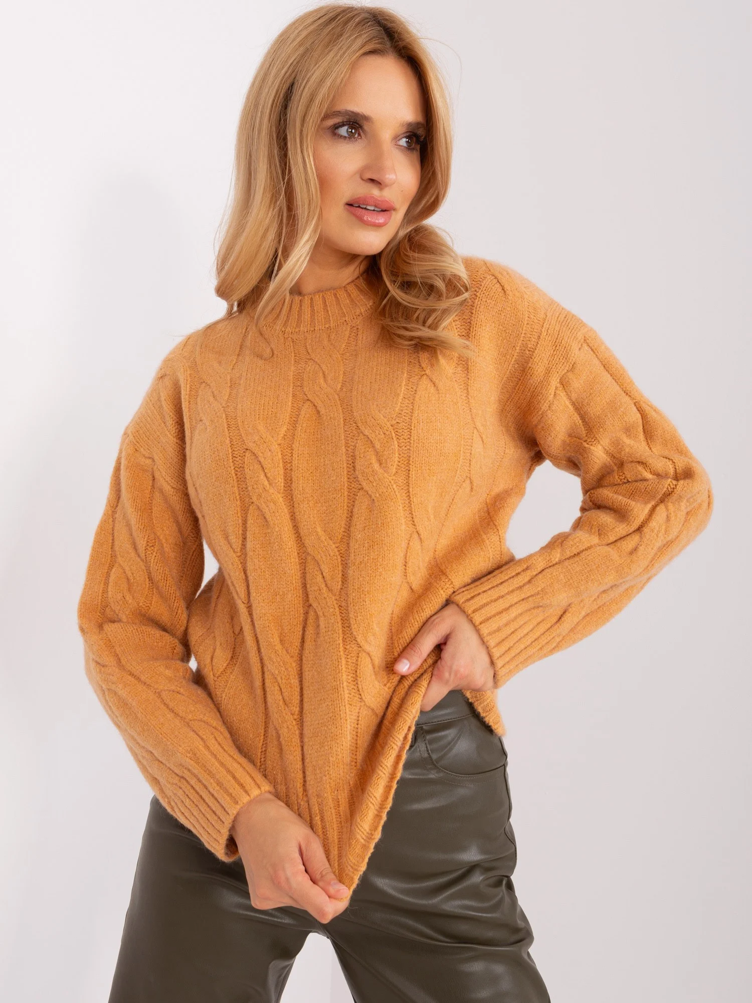 Pulover Dama Guler inalt, Acril, Fashion Hunters, Camel - Image 5