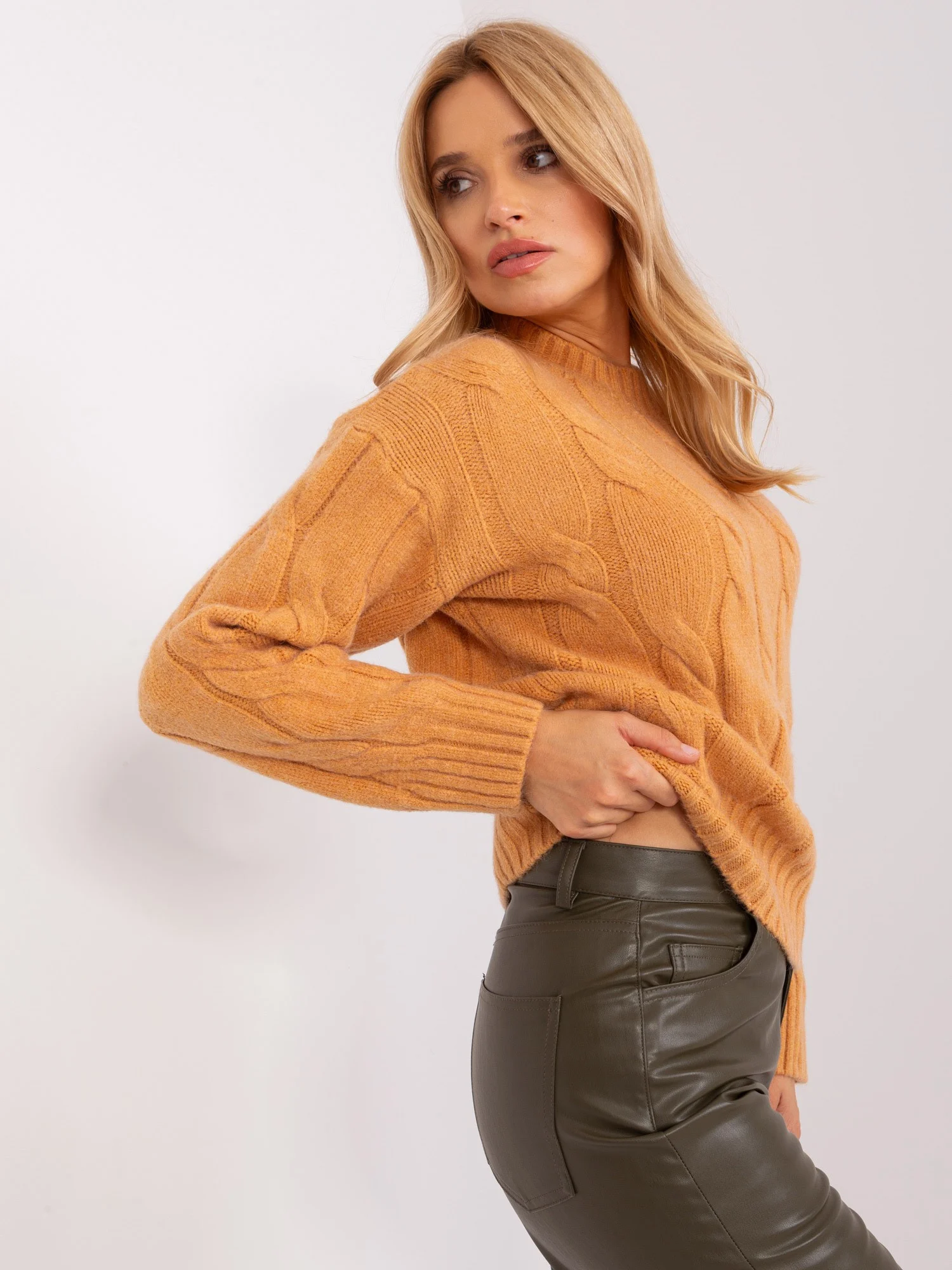 Pulover Dama Guler inalt, Acril, Fashion Hunters, Camel - Image 3