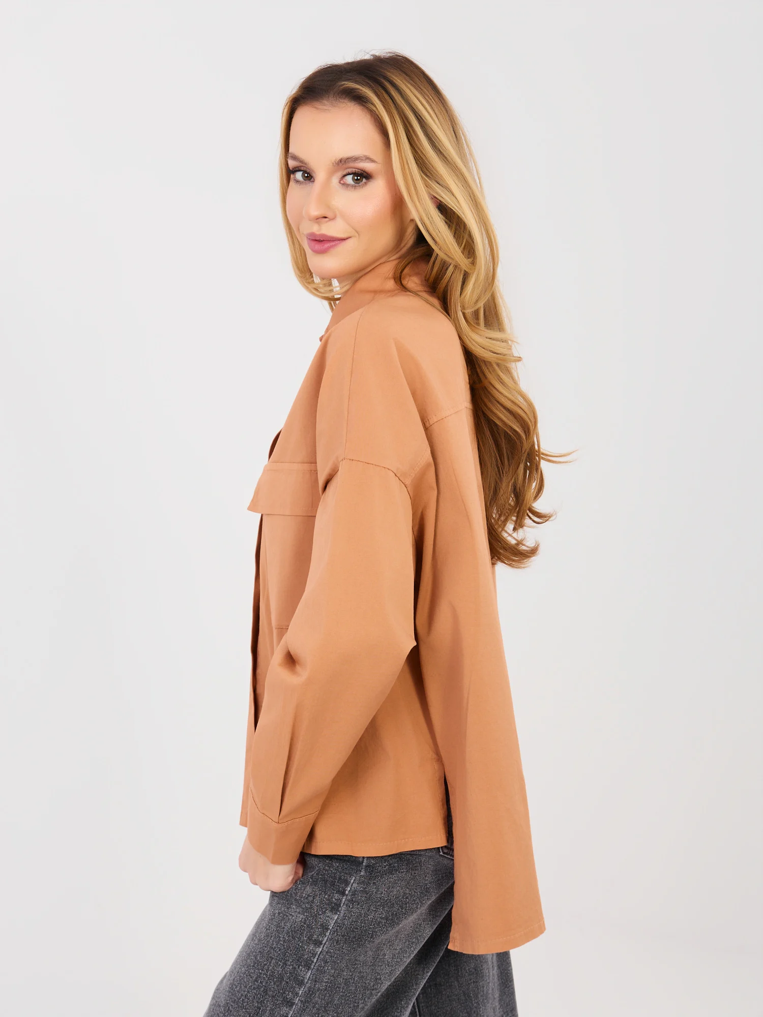 Camasa Dama Maneca lunga, Guler inalt, ITALY MODA, Portocaliu Casual - imagine 5