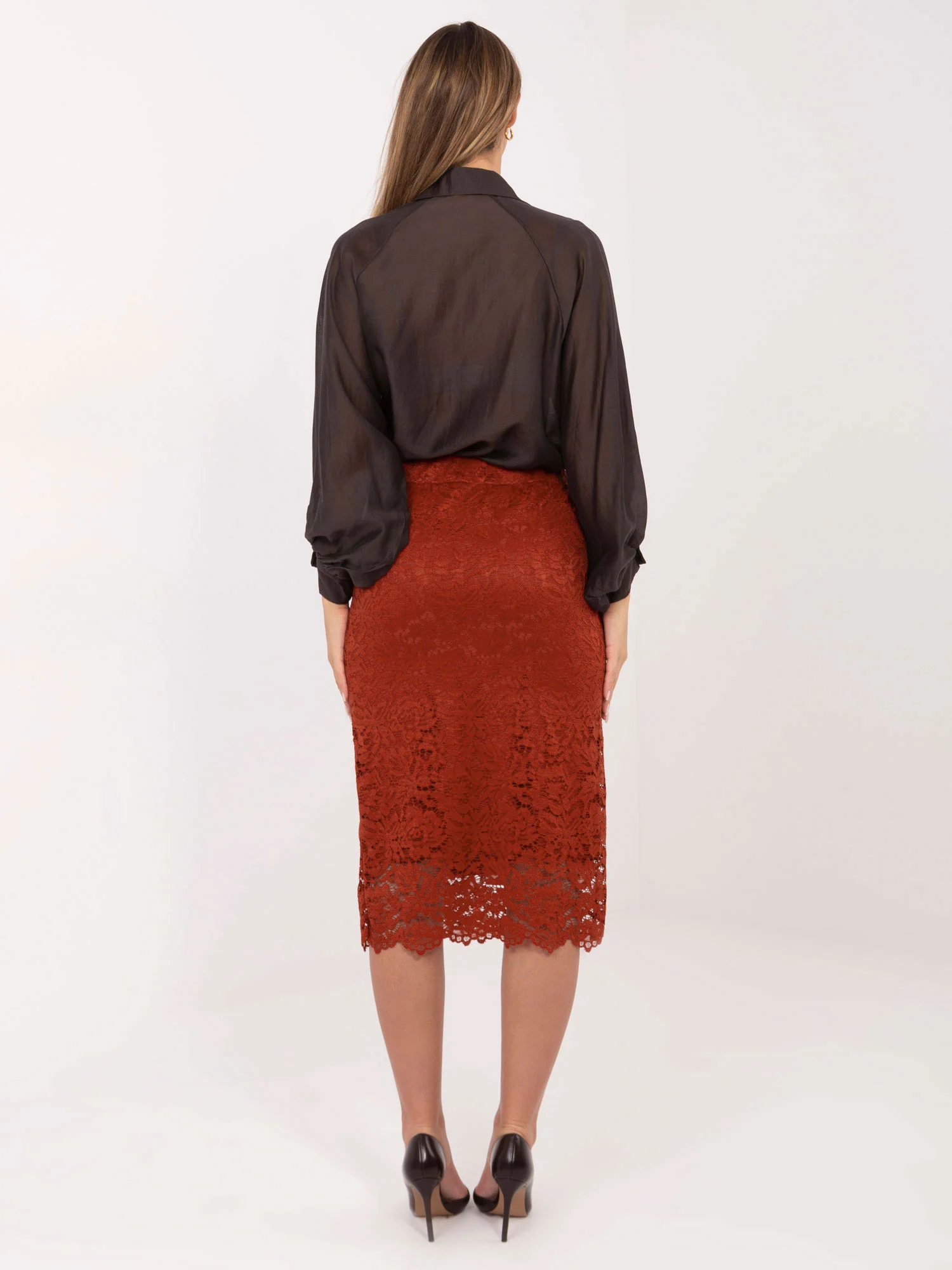 Fusta Dama Midi, Dantela, ITALY MODA, Portocaliu Eleganta Office - imagine 3