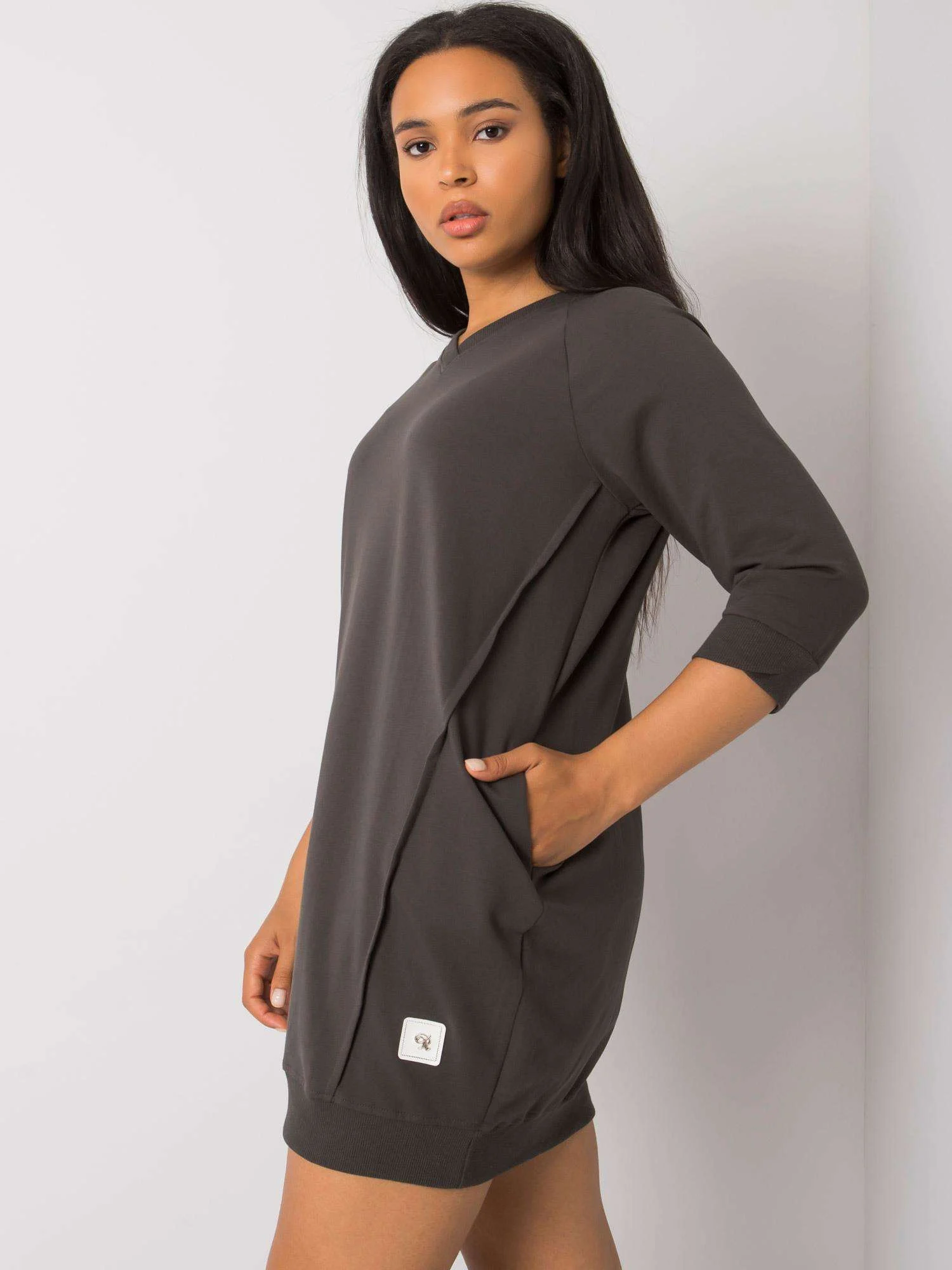Rochie Dama Mini, Decolteu in V, RELEVANCE, Khaki Eleganta Office - Image 2