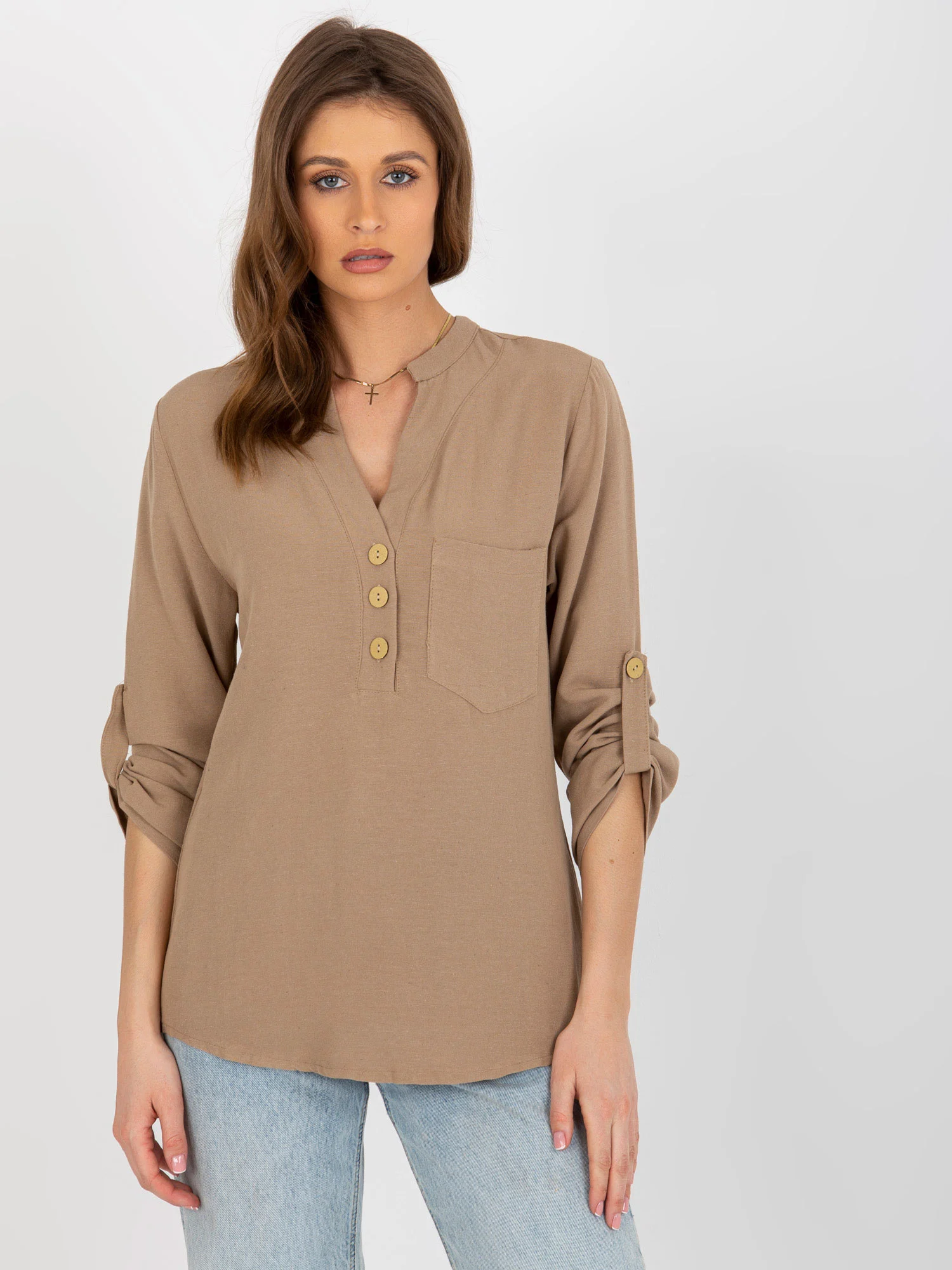 Camasa Dama Maneca lunga, Boho, RUE PARIS, Bej Eleganta Office - imagine 3