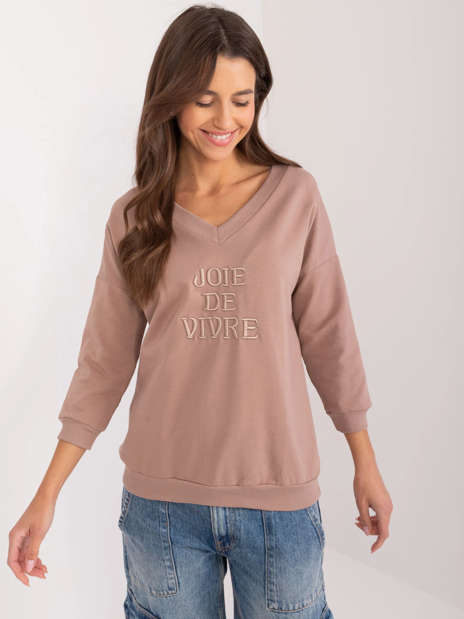 Bluza Dama Maneca 3/4, Decolteu in V, RELEVANCE, Bej Eleganta Office - imagine 4