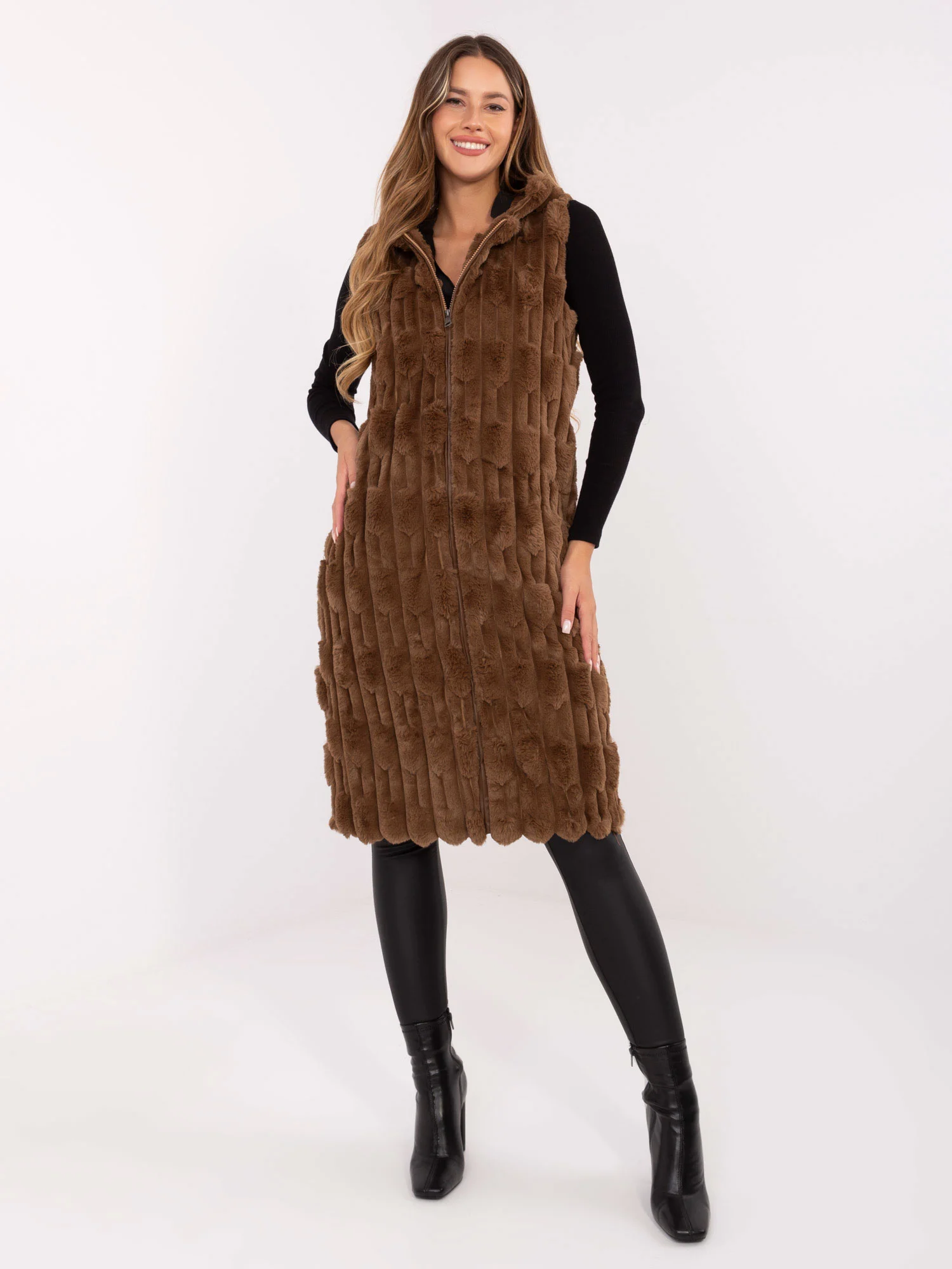 Vesta Dama Sub genunchi, Guler inalt, Wool Fashion Italia, Bej Casual - imagine 6