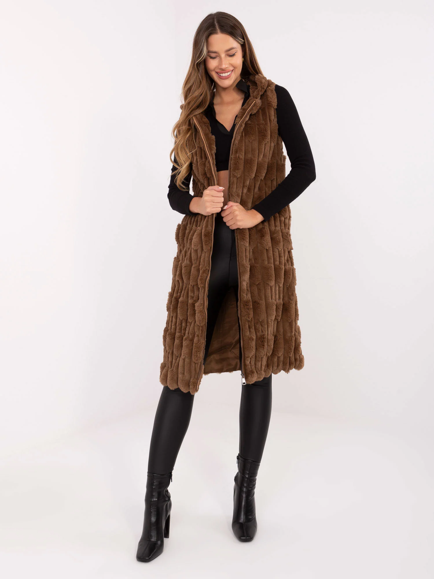 Vesta Dama Sub genunchi, Guler inalt, Wool Fashion Italia, Bej Casual - imagine 4