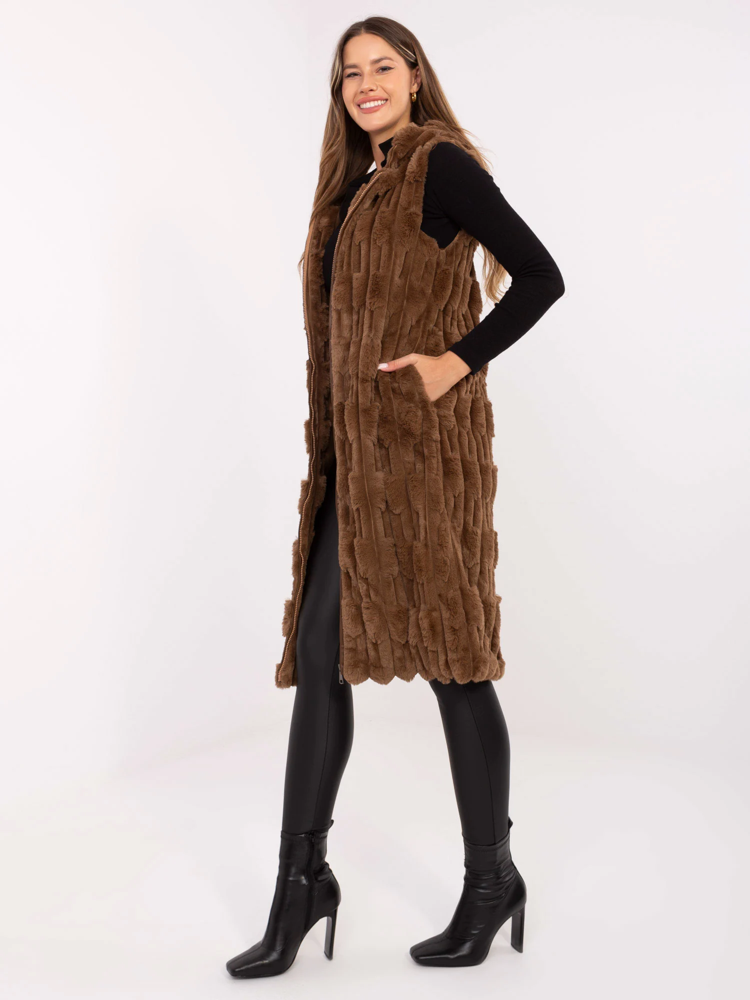 Vesta Dama Sub genunchi, Guler inalt, Wool Fashion Italia, Bej Casual - imagine 5