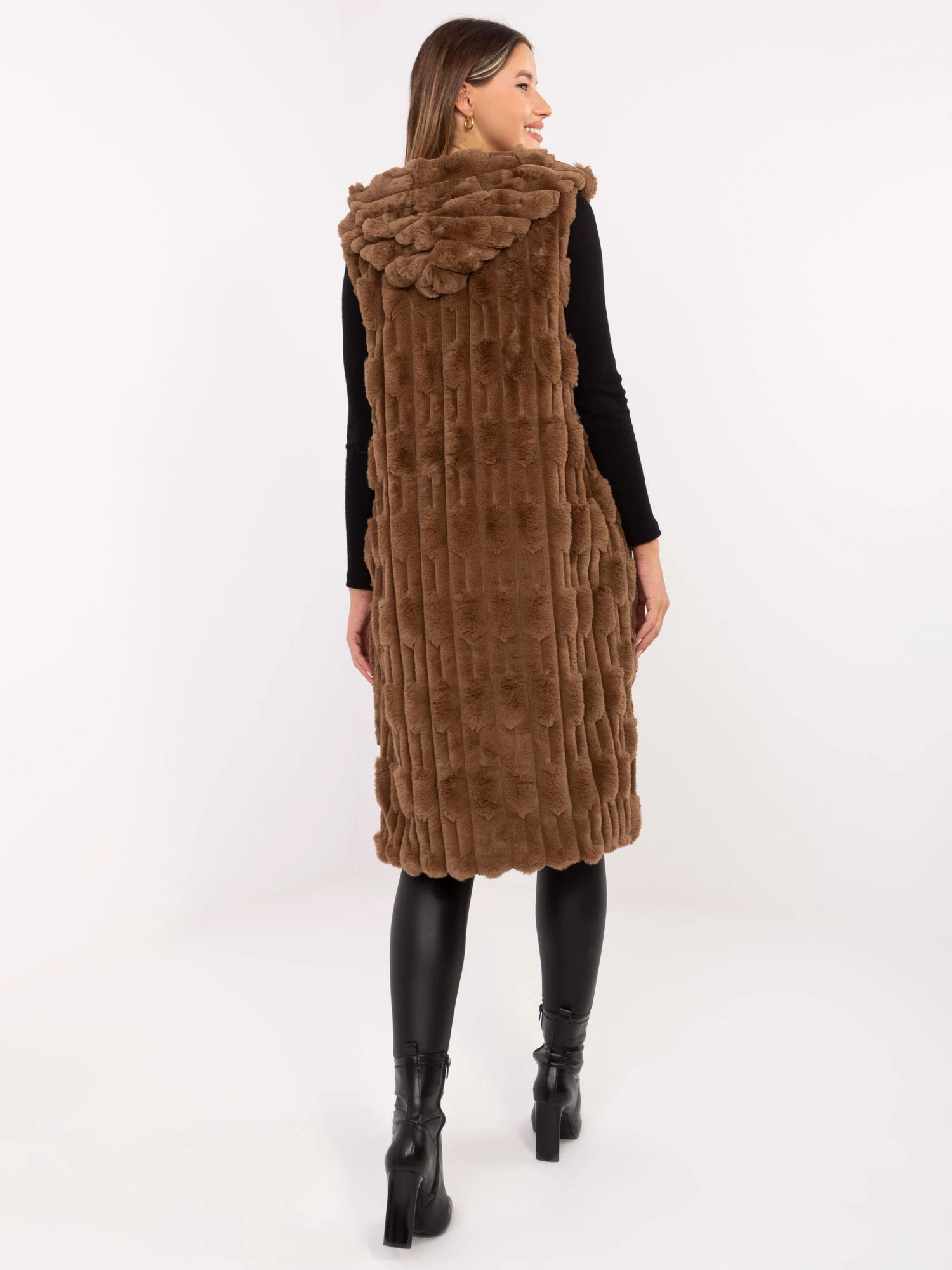 Vesta Dama Sub genunchi, Guler inalt, Wool Fashion Italia, Bej Casual - imagine 3