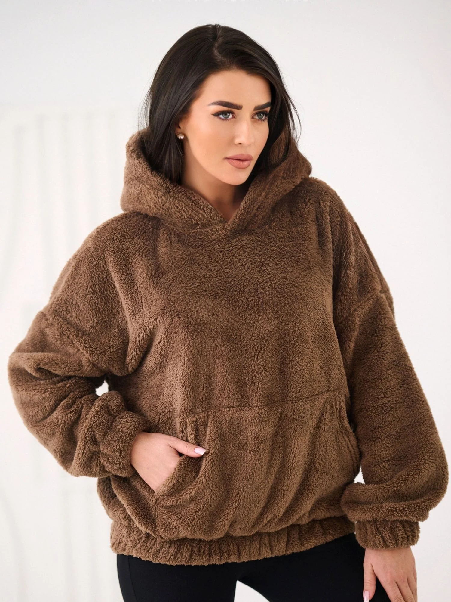 Hanorac Dama Maneca lunga, Decolteu cu gluga, BETIA, Bej Casual - imagine 3