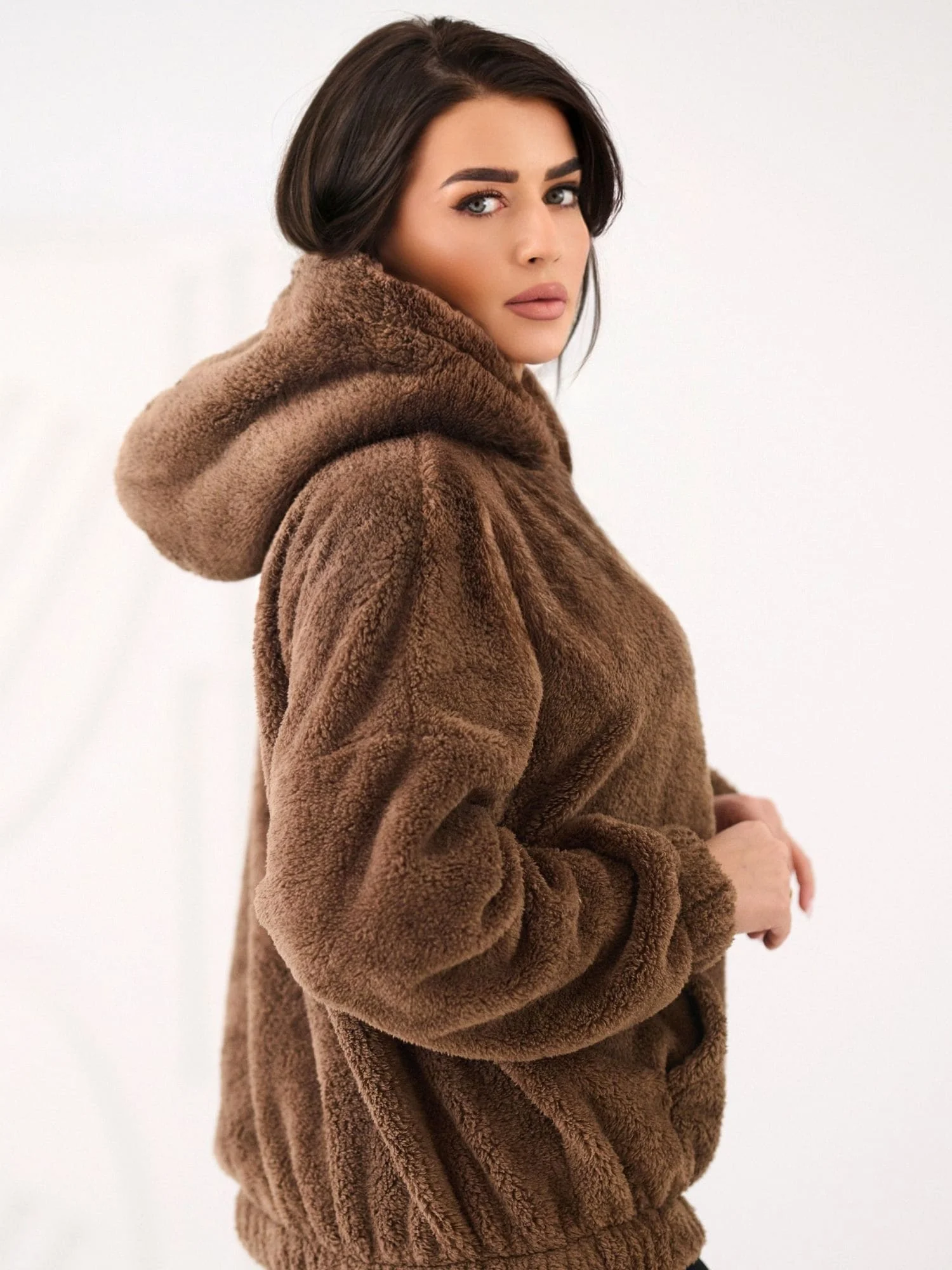 Hanorac Dama Maneca lunga, Decolteu cu gluga, BETIA, Bej Casual - imagine 4