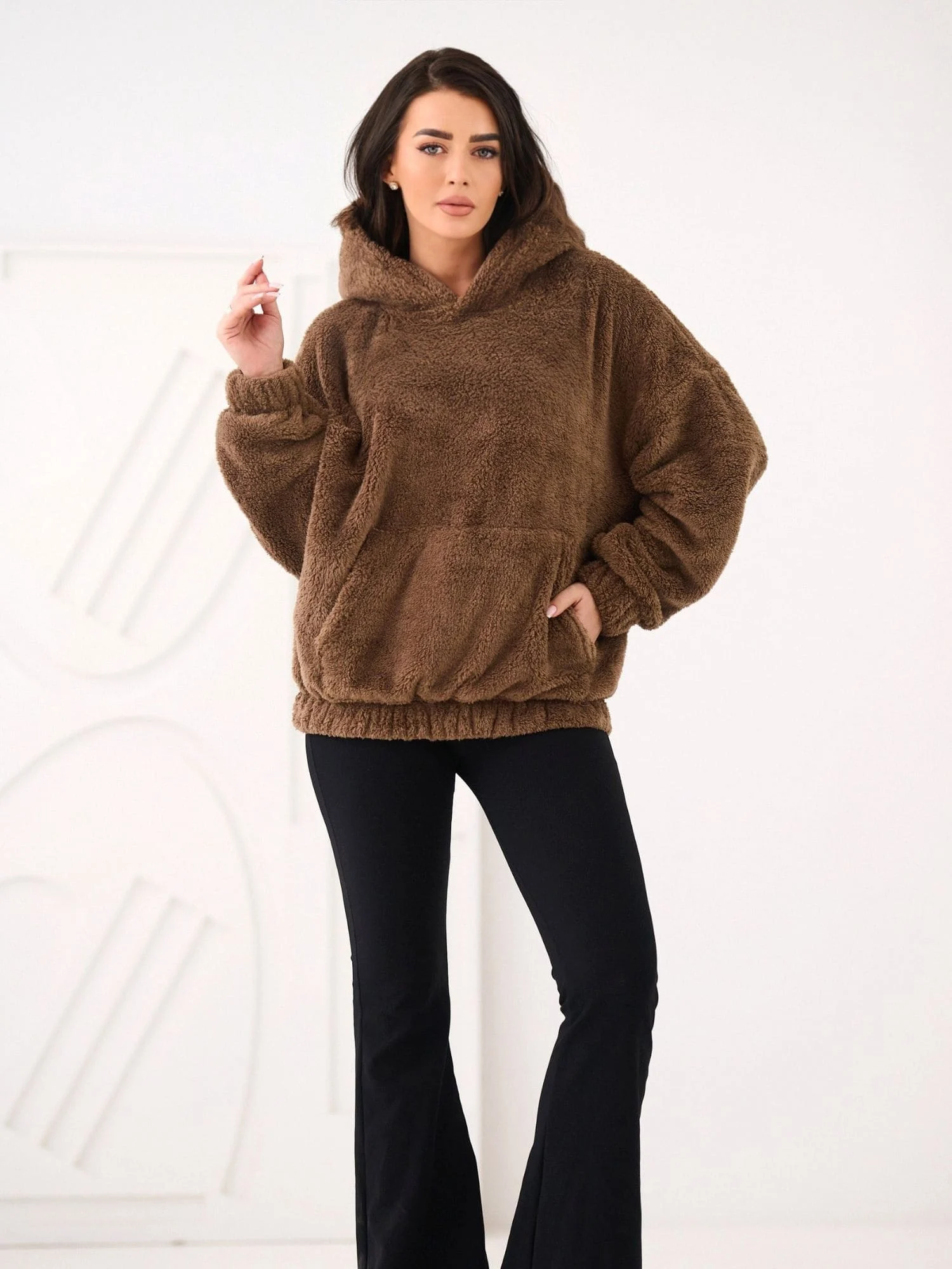 Hanorac Dama Maneca lunga, Decolteu cu gluga, BETIA, Bej Casual - imagine 5