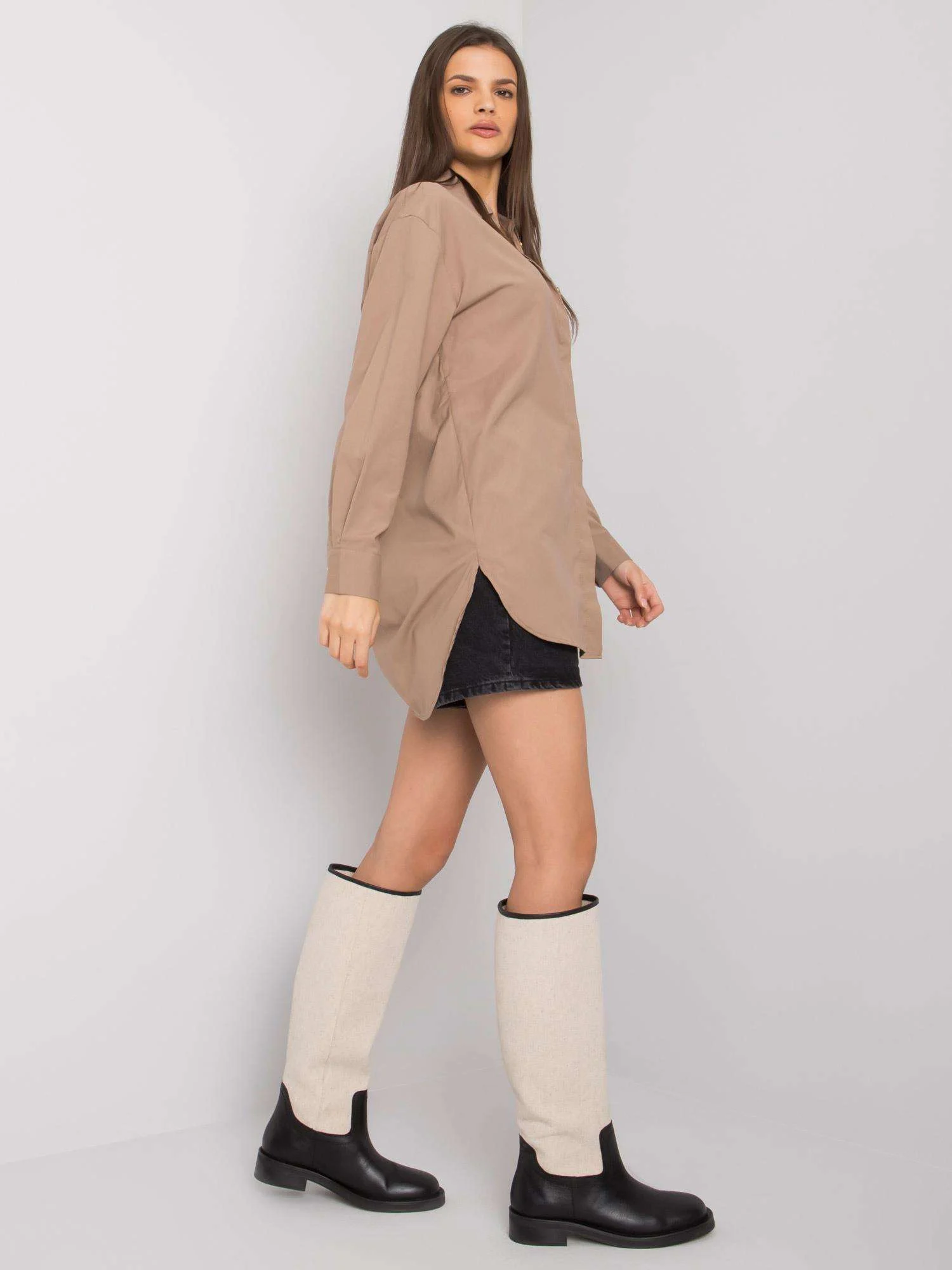 Camasa Dama Maneca lunga, Decolteu cu guler, ex moda, Bej Eleganta Office - imagine 5