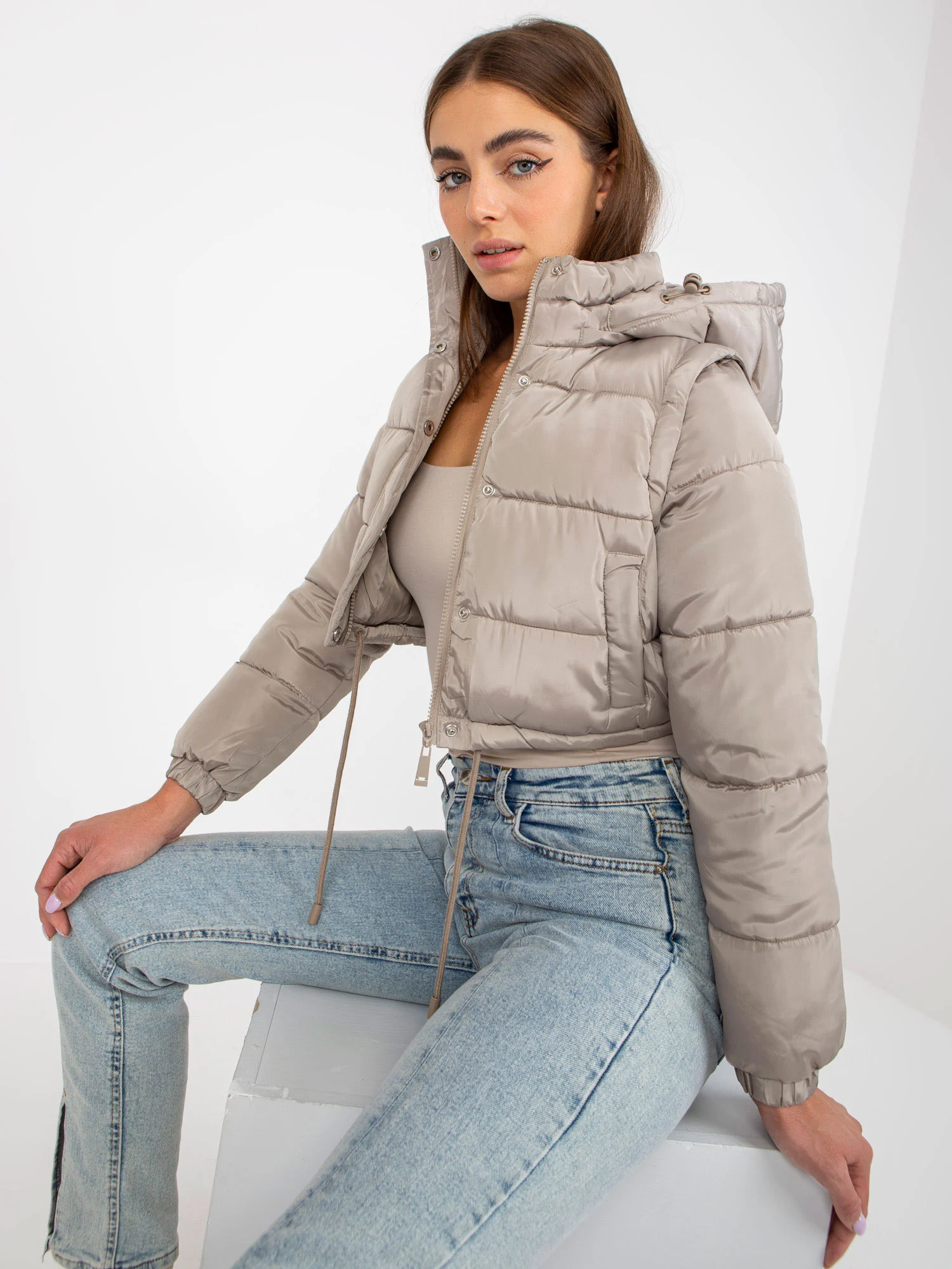 Jacheta Dama Maneca lunga, Guler inalt, Honey Winter, Bej Casual Marimi Mari - imagine 2